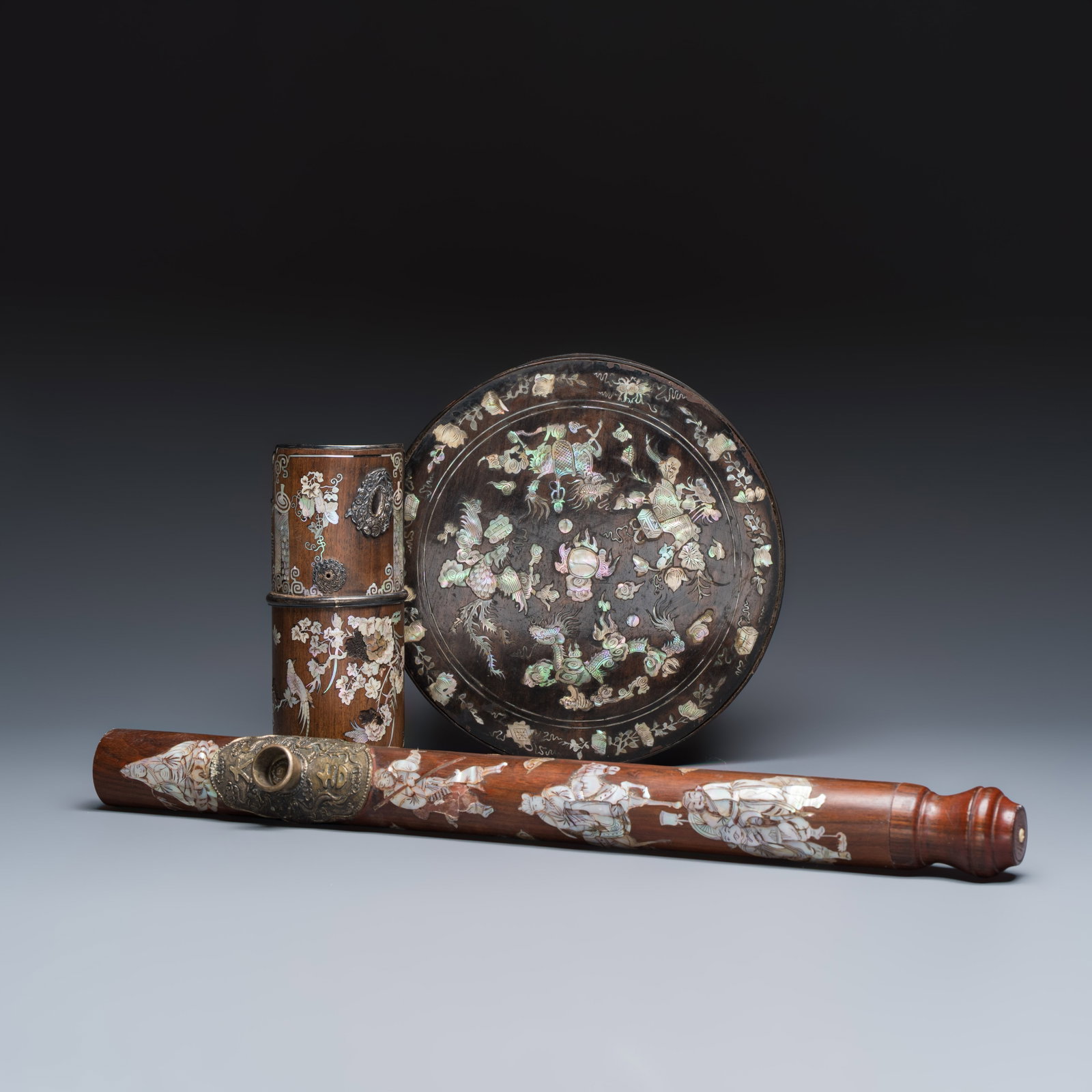 A Vietnamese mother-of-pearl-inlaid opium pipe, water pipe and covered box, 19/20th C. (1 of 20)