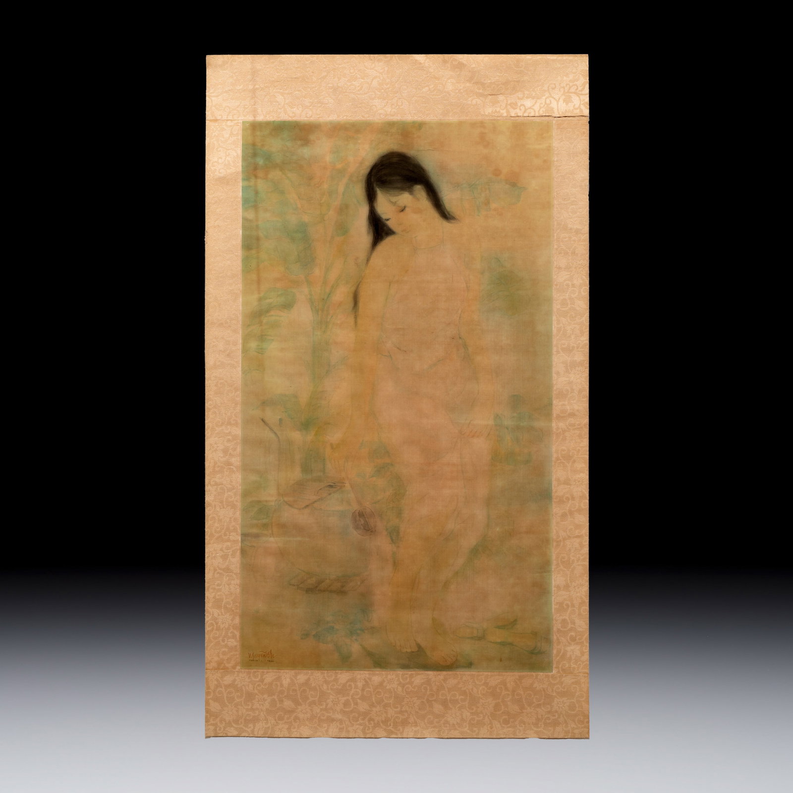 Attributed to Nguyen Gia Tri (1908-1993): 'Bather', Tien Sa, ink and watercolour on silkink and: Attributed to Nguyen Gia Tri (1908-1993): 'Bather', Tien Sa, ink and watercolour on silkink and watercolour on silk, dated 1st Jan. 1974 Dim: 88,5 x 51 cm | the frame Dim: 67,5 x 37,5 cm | the work Ng