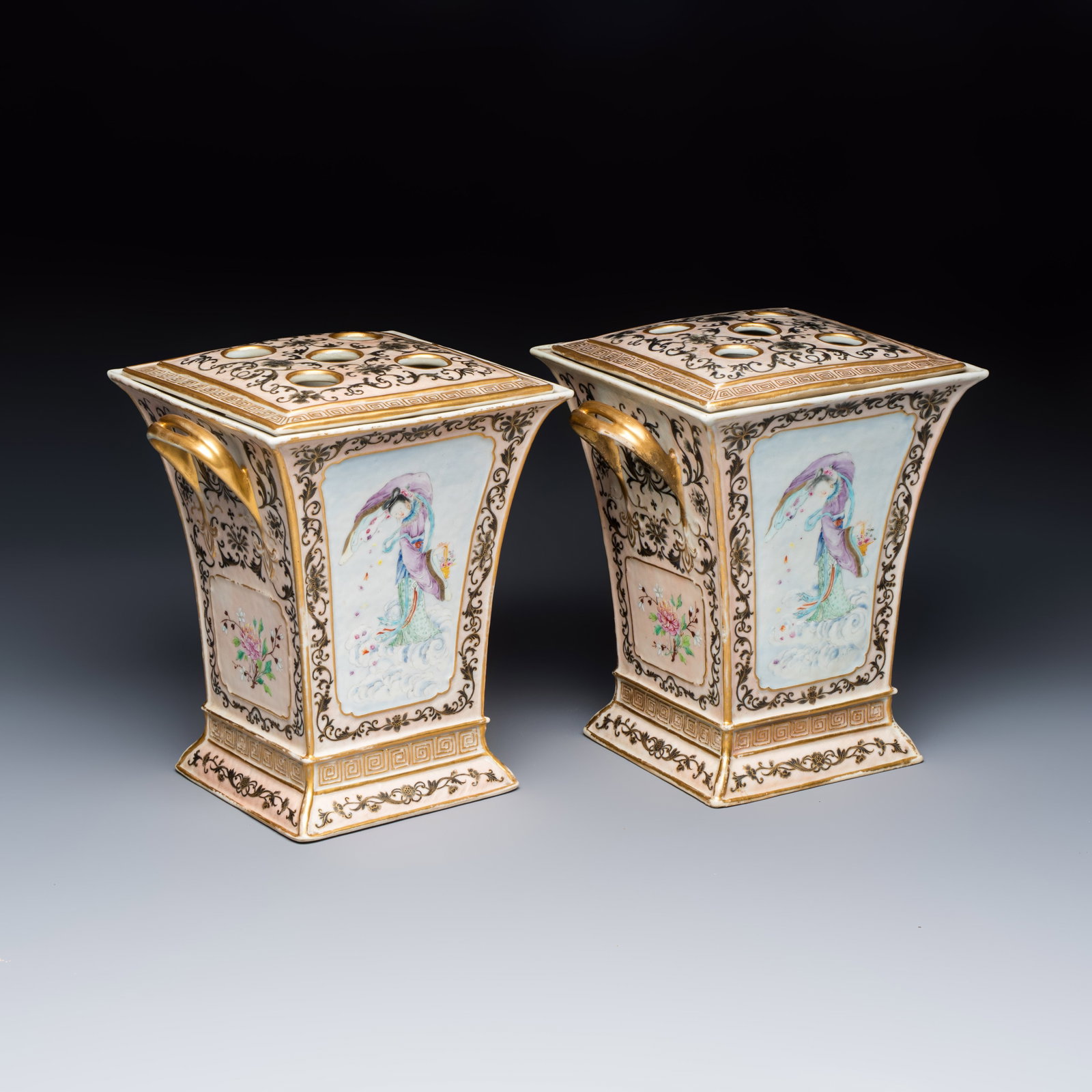 A pair of extremely rare Chinese Canton famille rose bough pots, Jiaqing (1 of 8)