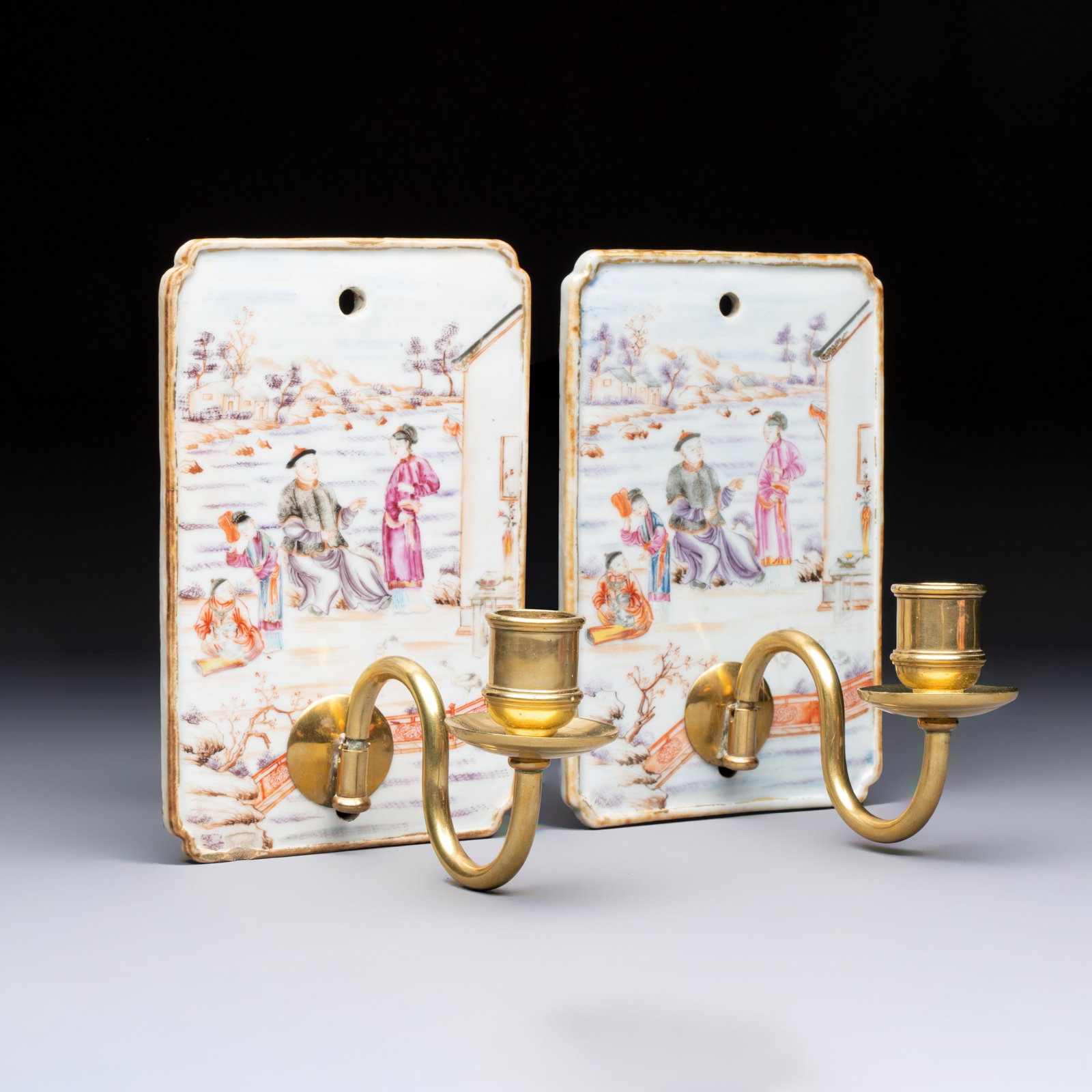 A pair of Chinese Canton famille rose 'Mandarin Subject' wall sconces, Qianlong (1 of 7)