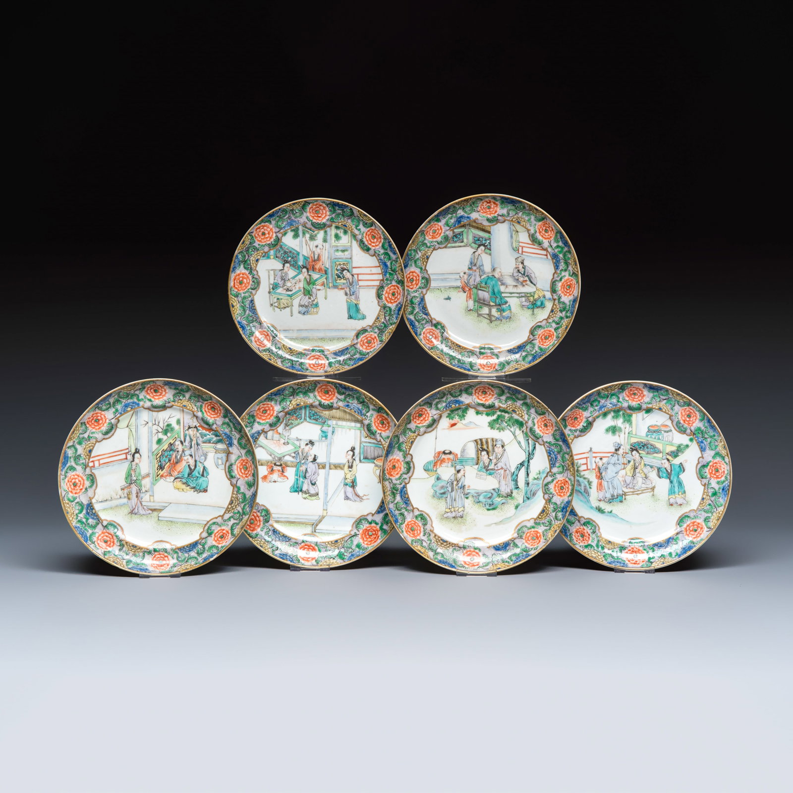 A set of six Chinese Canton famille verte plates with narrative design, 19th C. (1 of 13)