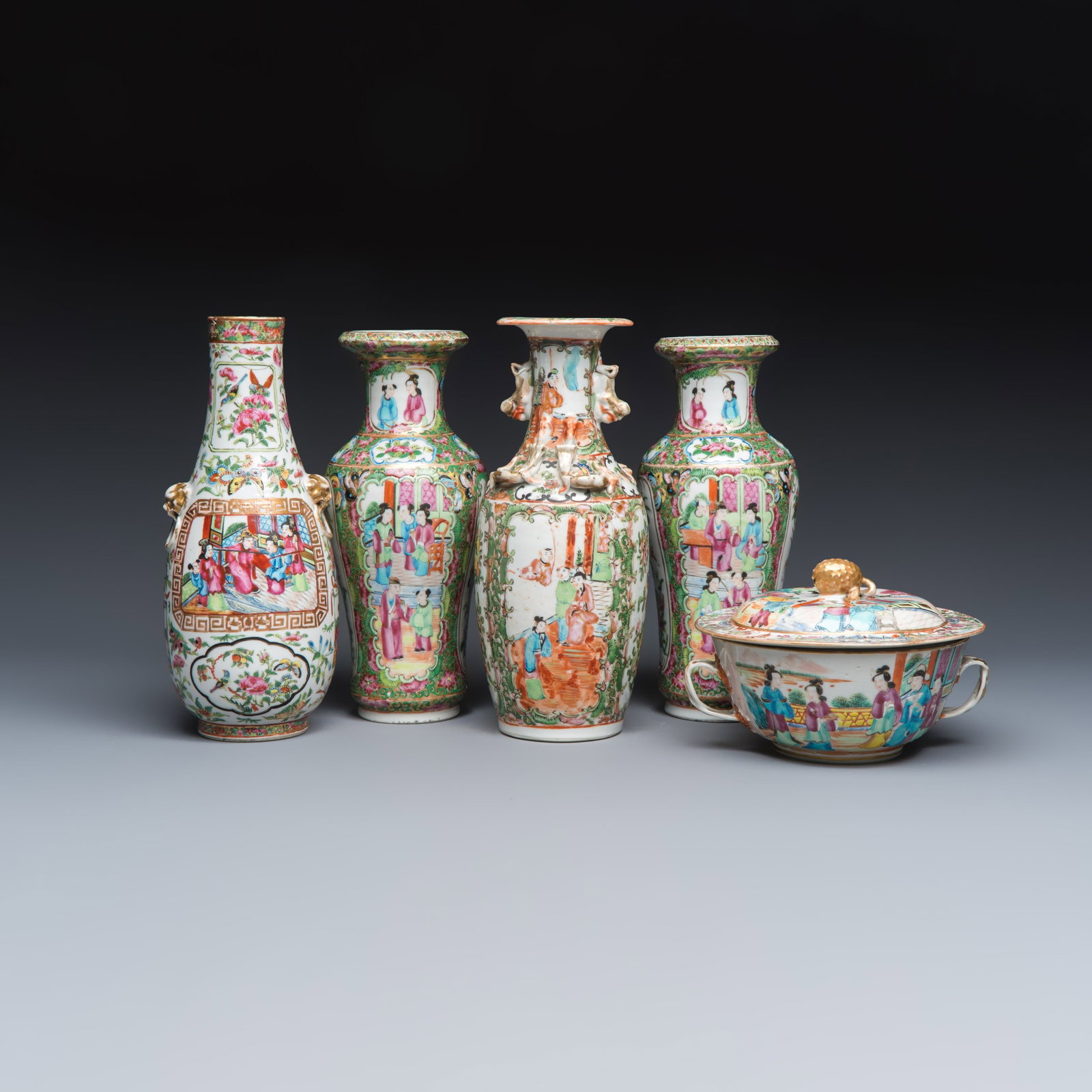 Four Chinese Canton famille rose vases and a covered bowl with figural design, 19th C. (1 of 15)