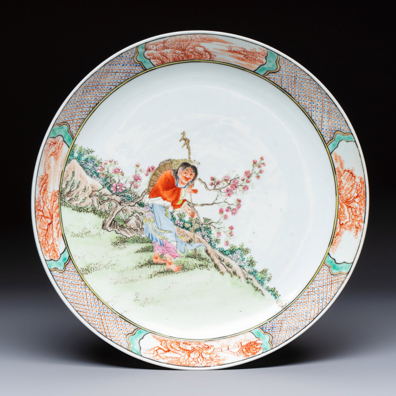 A Chinese famille rose 'Liuhai and the Three-Legged Toad' dish, 19th C. (1 of 2)