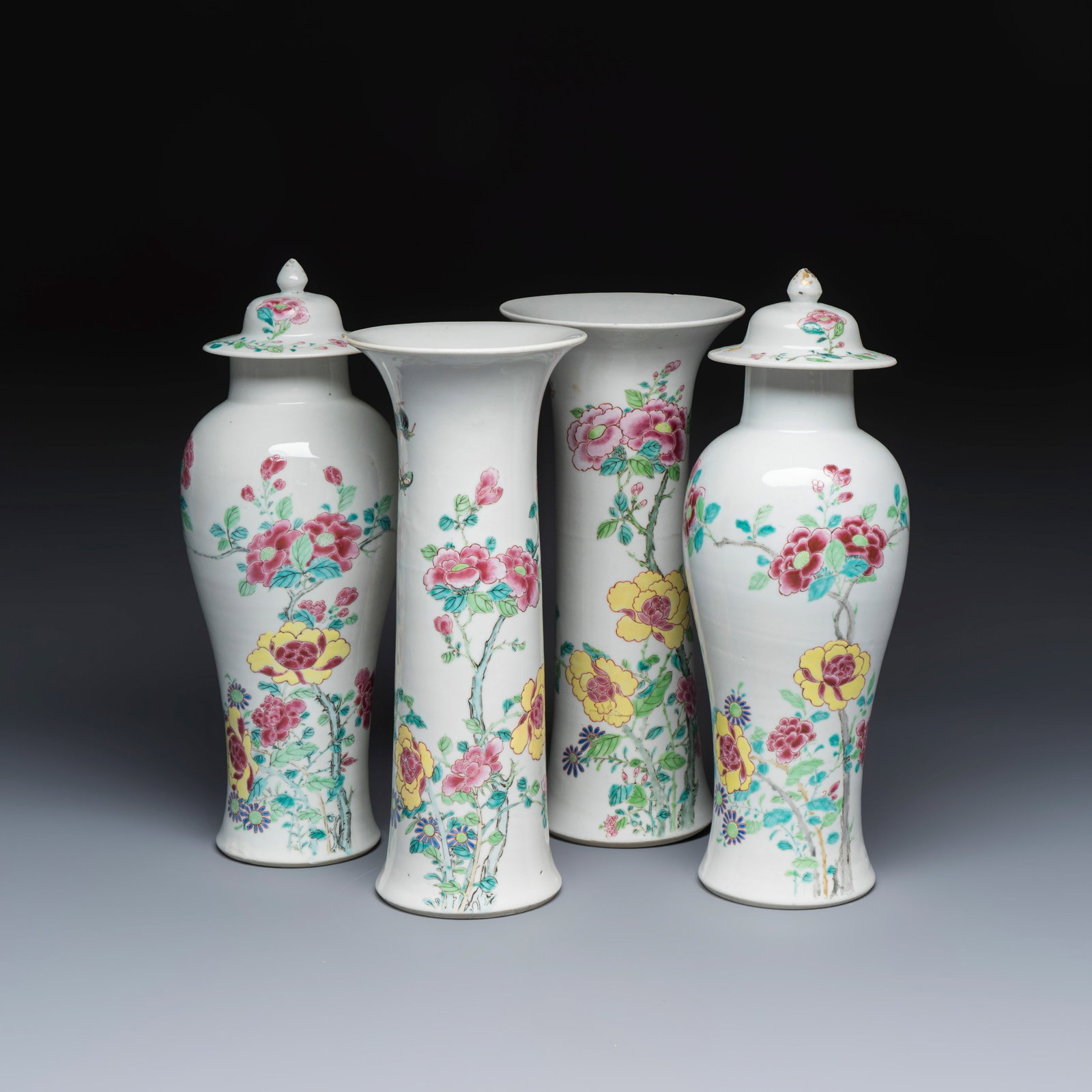 A Chinese famille rose four-piece garniture with floral design, Yongzheng (1 of 13)