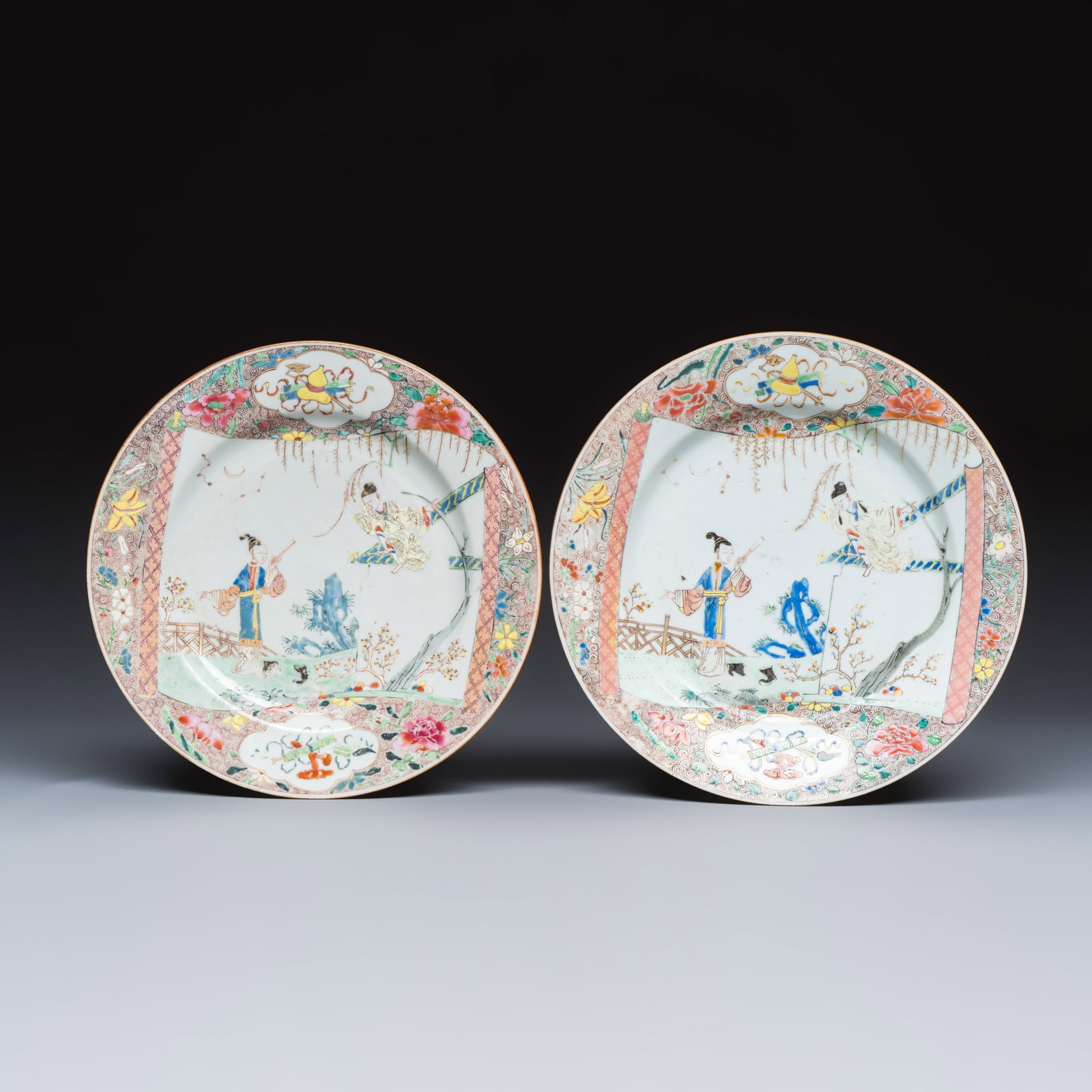 A pair of Chinese famille rose 'Xi Xiang Ji' plates, Yongzheng (1 of 2)