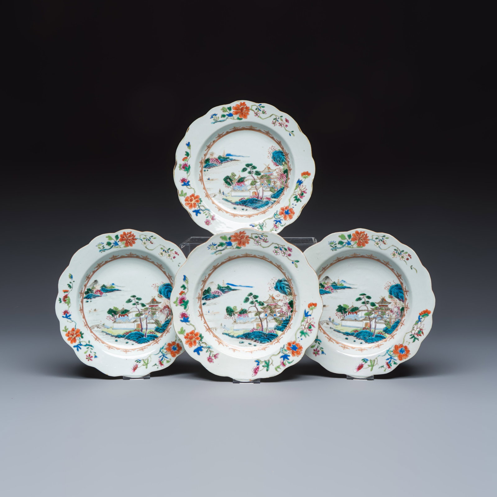 Four Chinese famille rose 'Riverscape' plates, Qianlong (1 of 9)