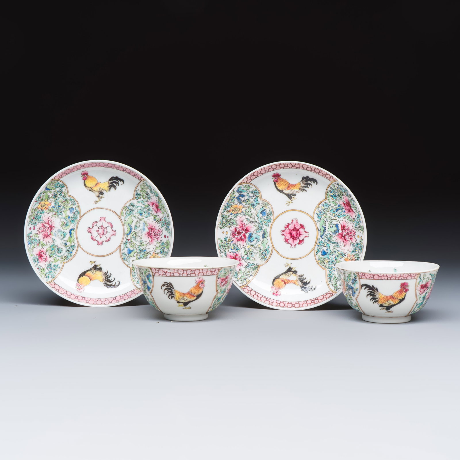 A pair of fine Chinese famille rose 'Rooster' tea bowls and saucers, Yongzheng (1 of 9)