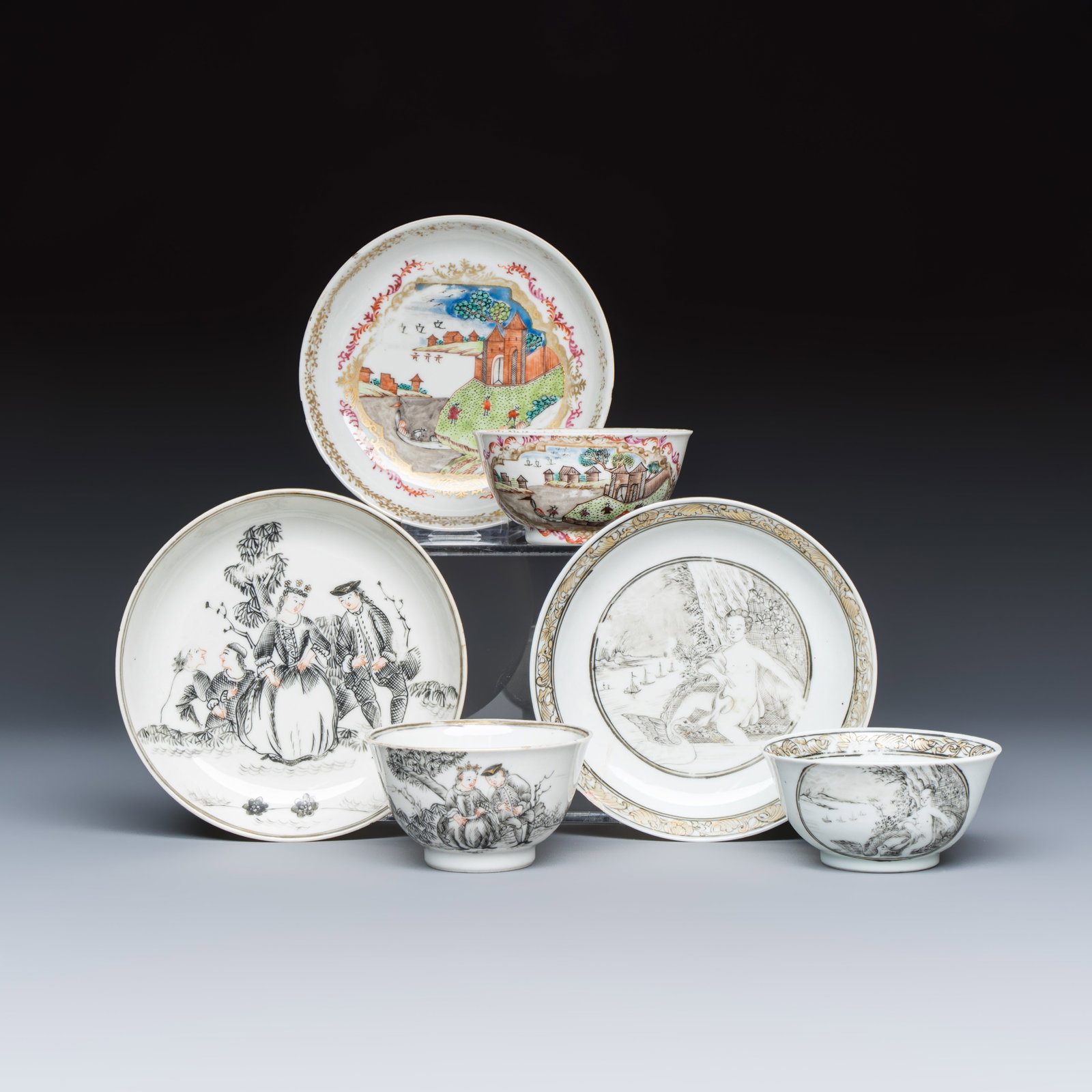 Three sets of Chinese export famille rose and grisaille 'European Subject' tea bowls and saucers,: Three sets of Chinese export famille rose and grisaille 'European Subject' tea bowls and saucers, Qianlong Dia.: 12,1 cm | the largest saucer Dia.: 11,7 cm | the smallest saucer Dia.: 8 cm - H.: 4,1 c