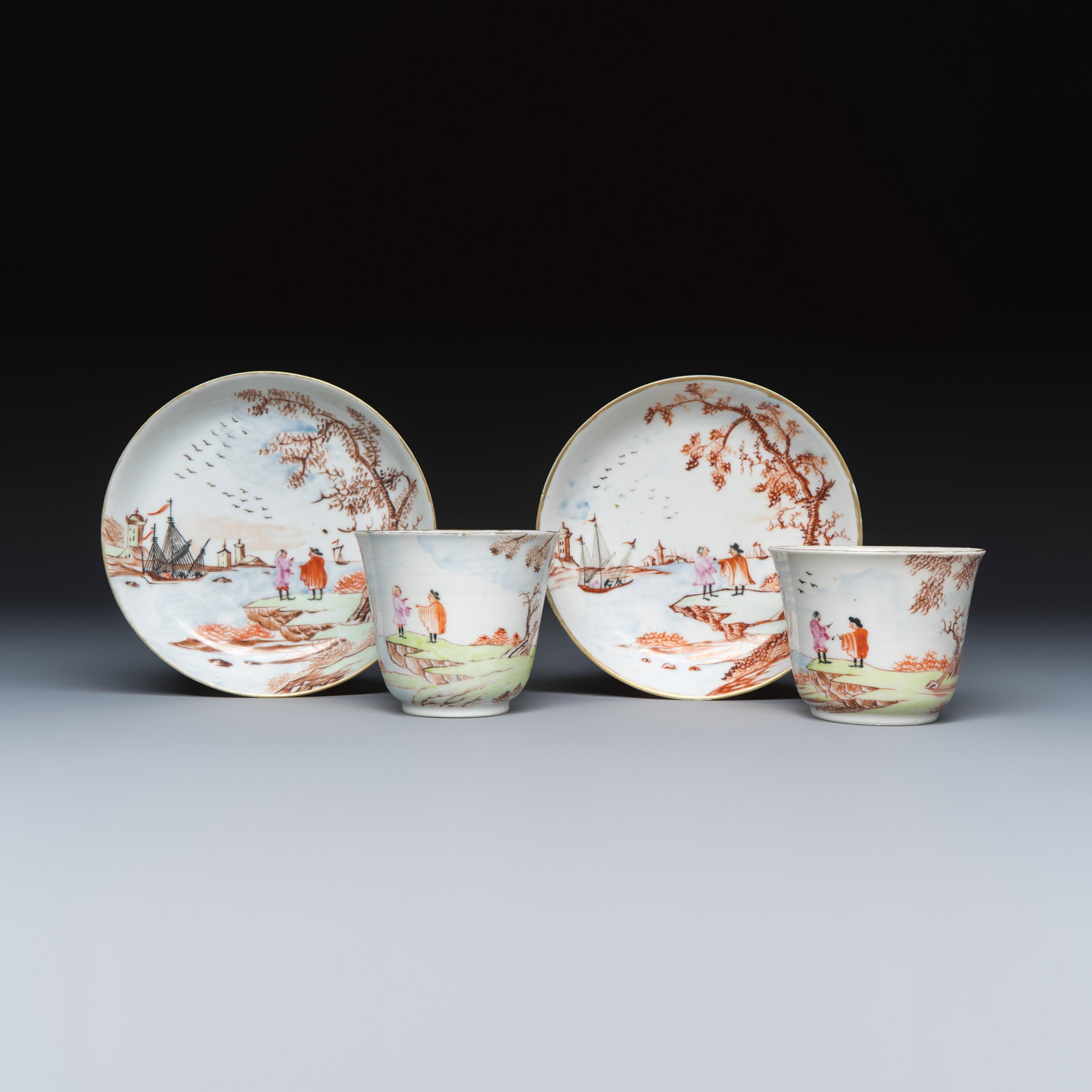 A pair of Chinese famille rose Meissen-style tea bowls and saucers with a harbour scene, Qianlong (1 of 9)