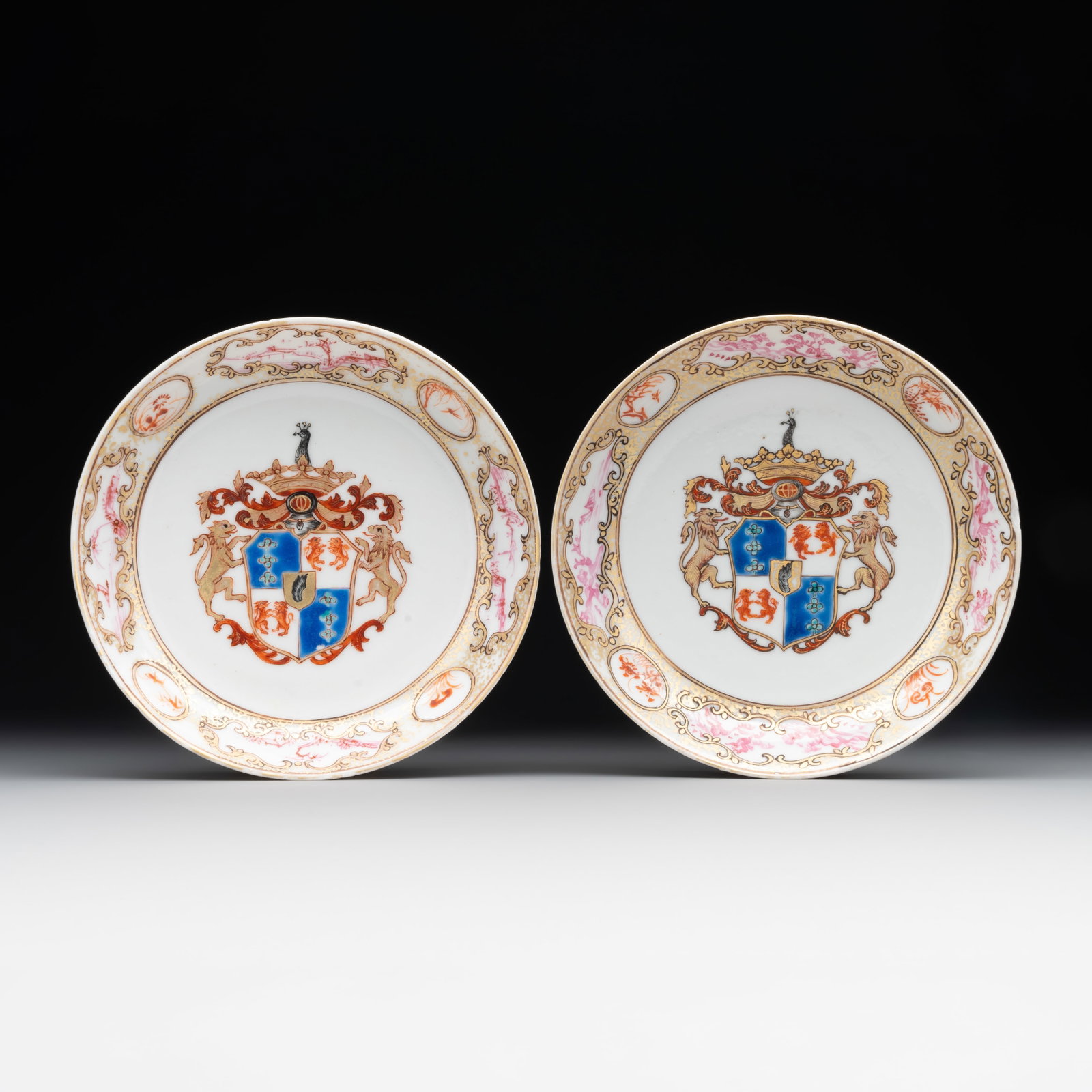 A pair of Chinese famille rose armorial saucers with the arms of Arendsma van Idsinga for the Dutch (1 of 2)