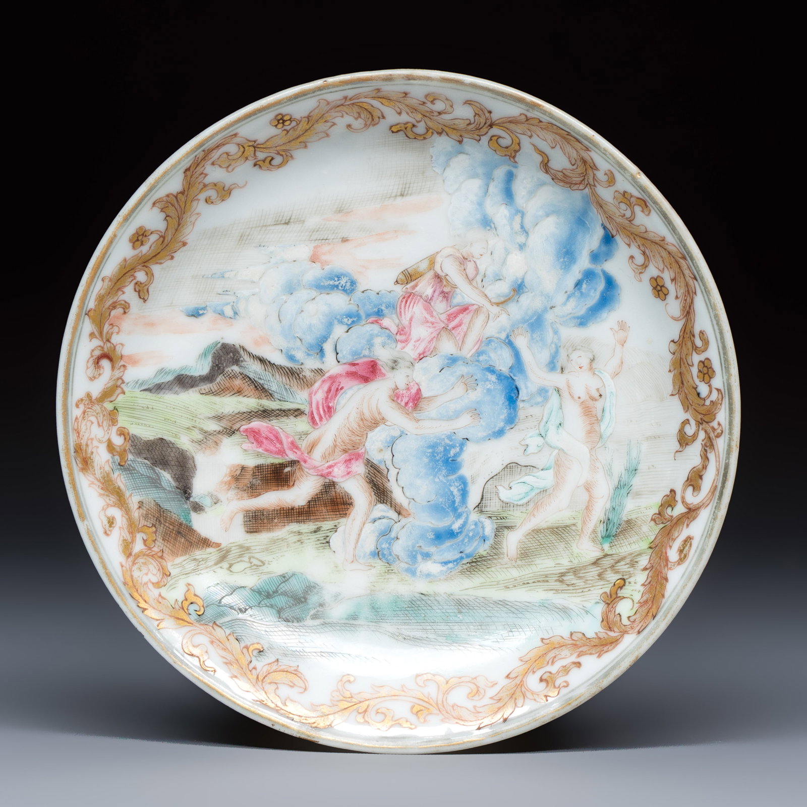 A fine Chinese famille rose mythological subject 'Arethusa, Alpheus and Diana' saucer, Qianlong, ca.: A fine Chinese famille rose mythological subject 'Arethusa, Alpheus and Diana' saucer, Qianlong, ca. 1745 Dia.: 11,6 cm Provenance: With a label of Antoine Lebel, Paris. The centre is decorated with t