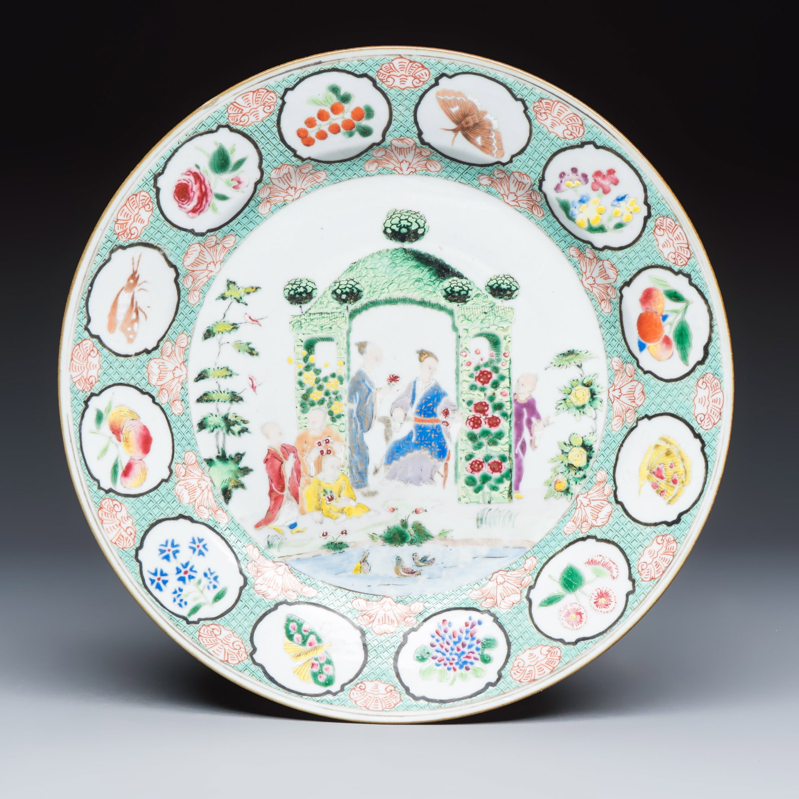 A Chinese famille rose 'arbour' plate after a design by Cornelis Pronk, Qianlong (1 of 2)