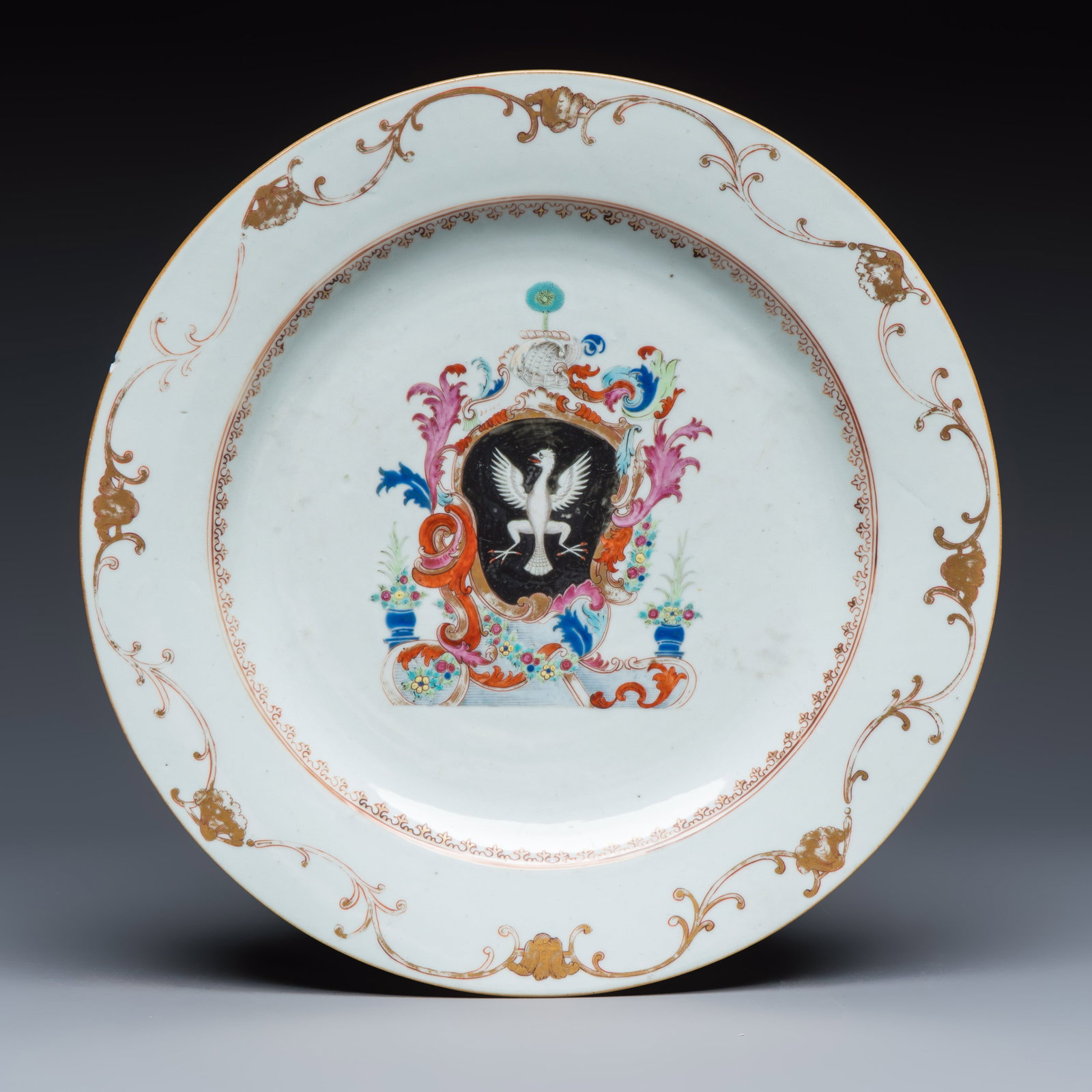 A Chinese famille rose armorial dish with the arms of Gourlay, Qianlong, ca. 1755 (1 of 2)
