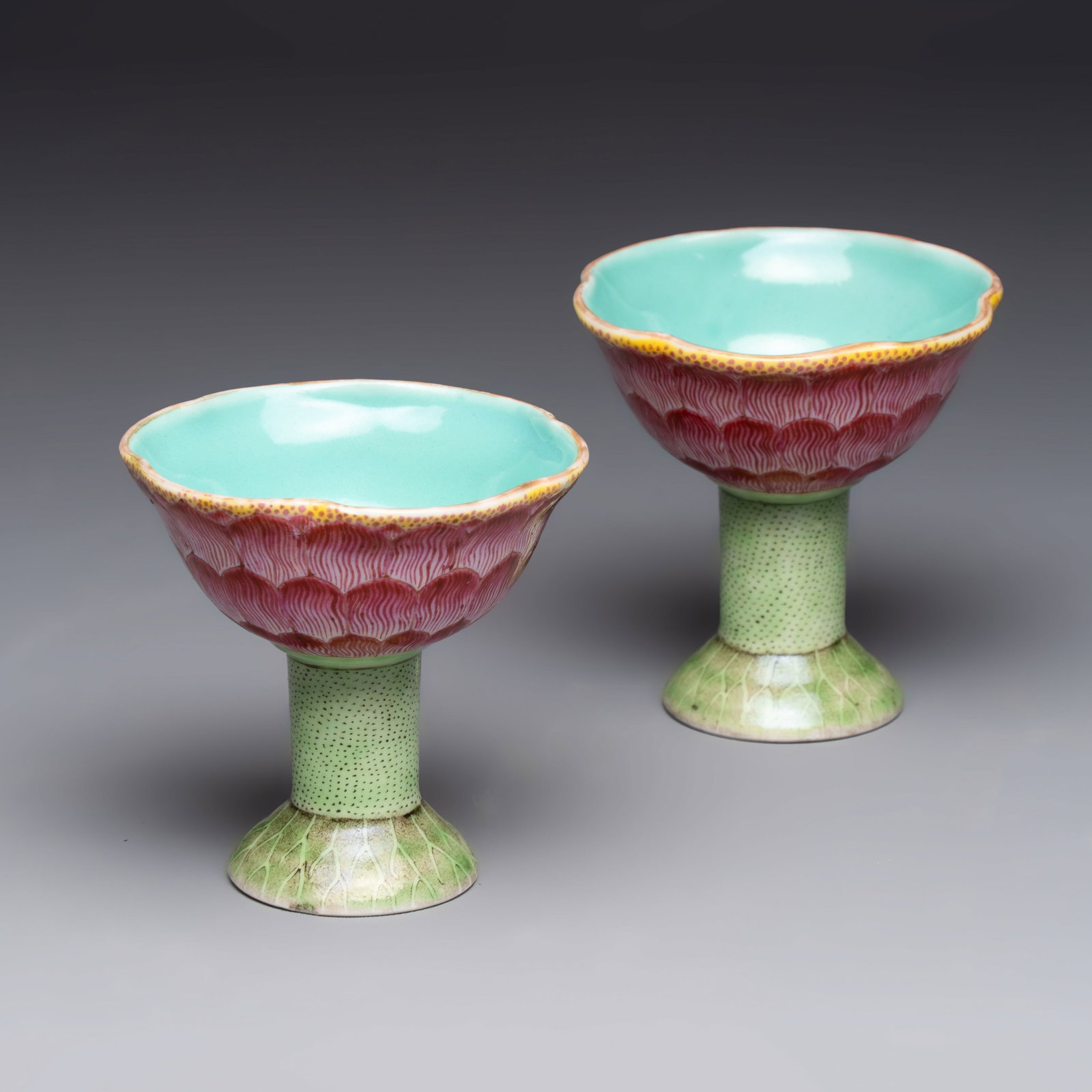 A pair of rare Chinese famille rose lotus-shaped stem cups, Yongzheng (1 of 8)