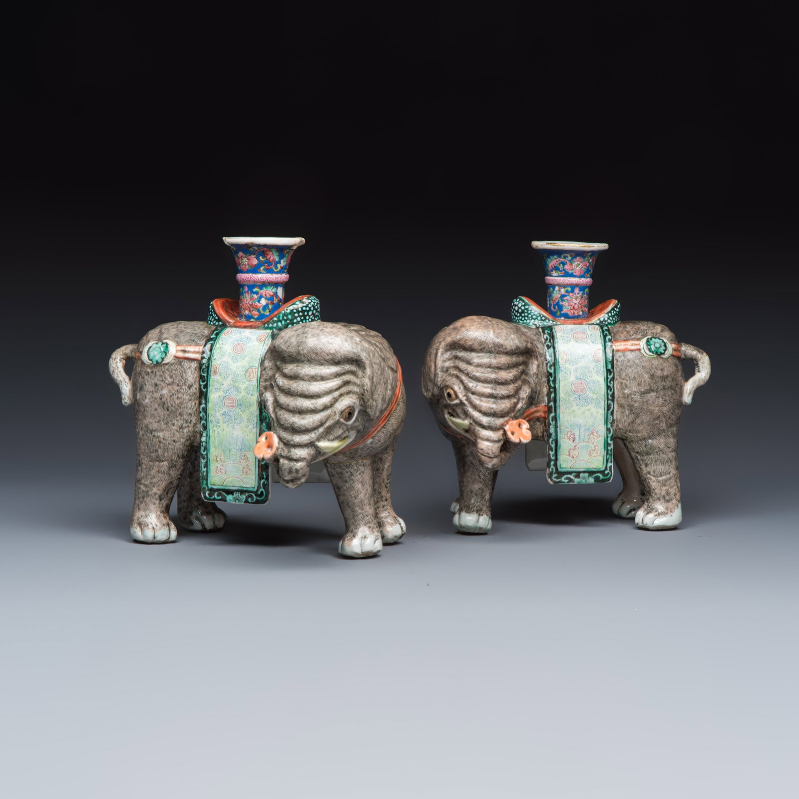 A pair of Chinese famille rose models of elephants, Qianlong/Jiaqing (1 of 7)