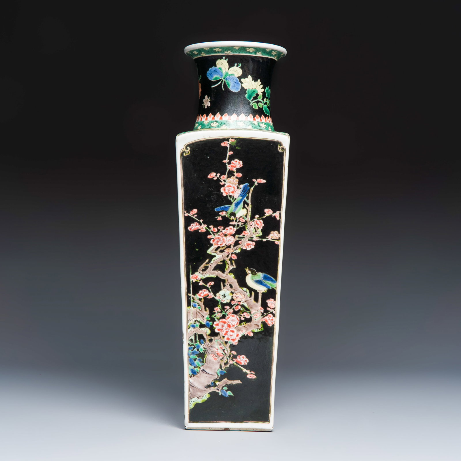 A Chinese famille noire square vase with birds among flowering branches, Kangxi: A Chinese famille noire square vase with birds among flowering branches, Kangxi H.: 45,8 cm Ref.: The Rijksmuseum, Amsterdam, object no. AK-RBK-14284, for a closely comparable example.