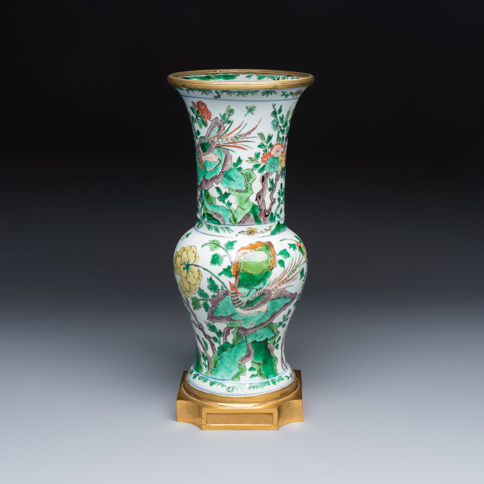 A Chinese famille verte gilt-bronze-mounted 'Yenyen' vase with pheasants, Kangxi (1 of 7)