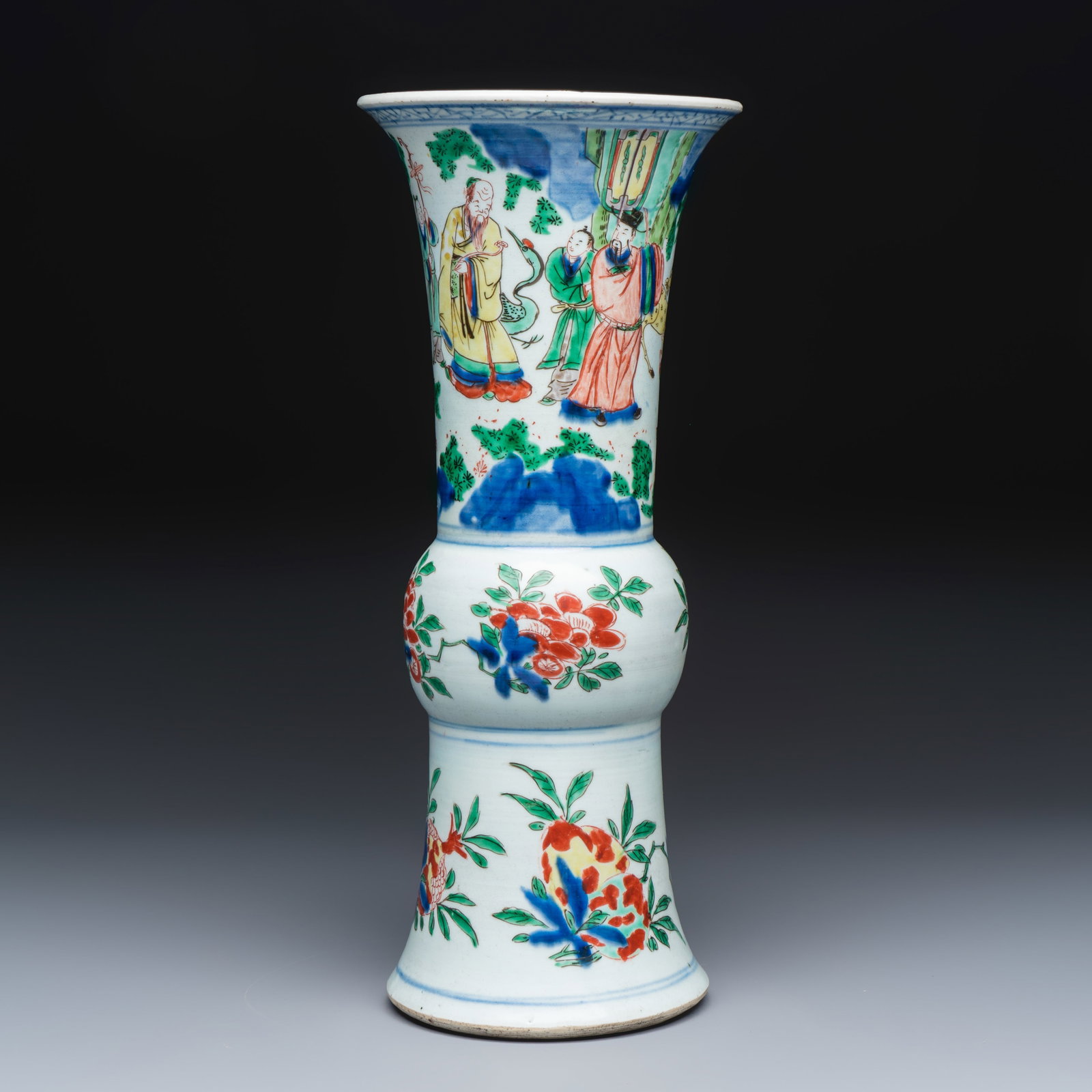 A Chinese wucai 'Gu' vase with Sanxing design, Transitional period (1 of 6)