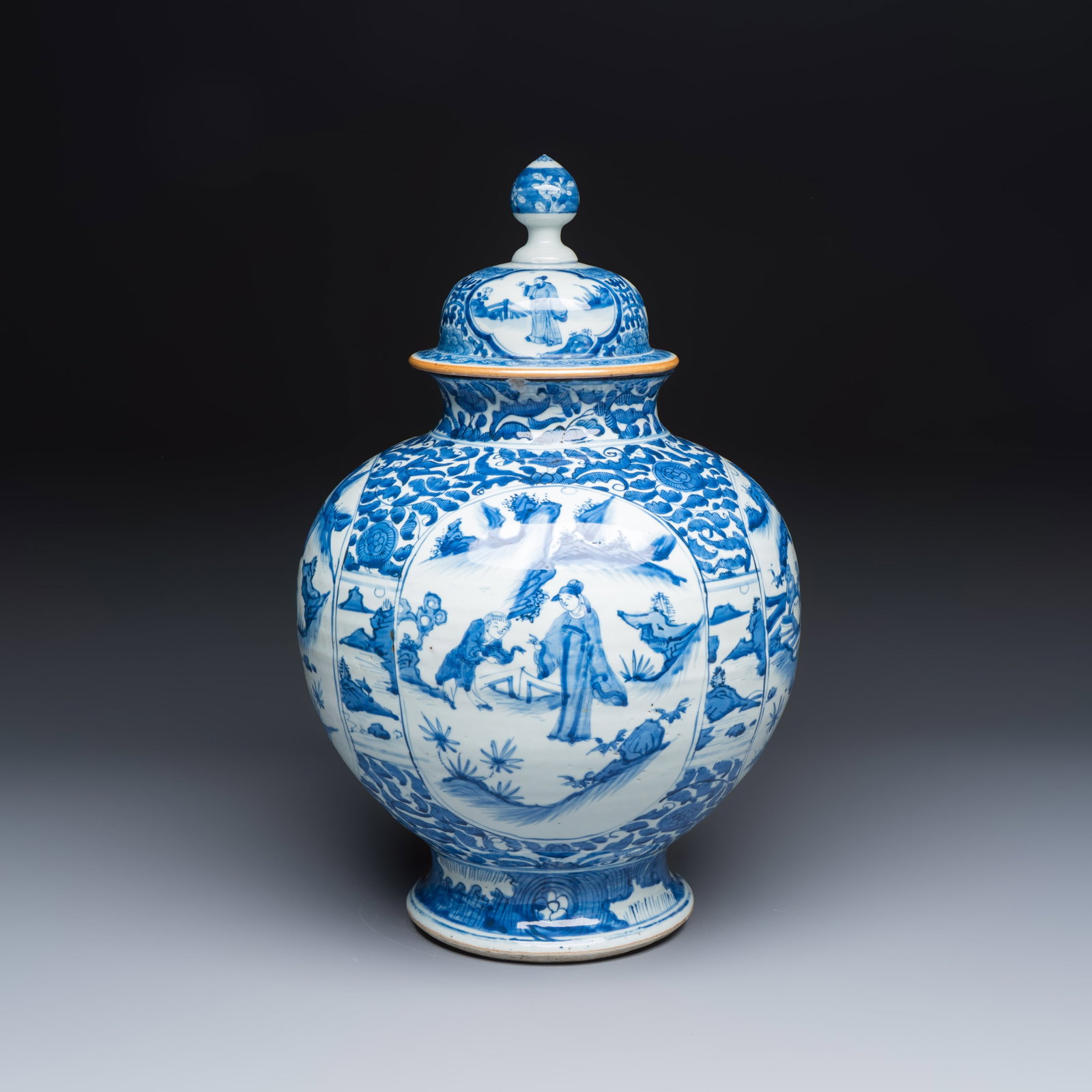 A Chinese blue and white baluster vase and cover with narrative design, Transitional period: A Chinese blue and white baluster vase and cover with narrative design, Transitional period H.: 48,7 cm | incl. cover