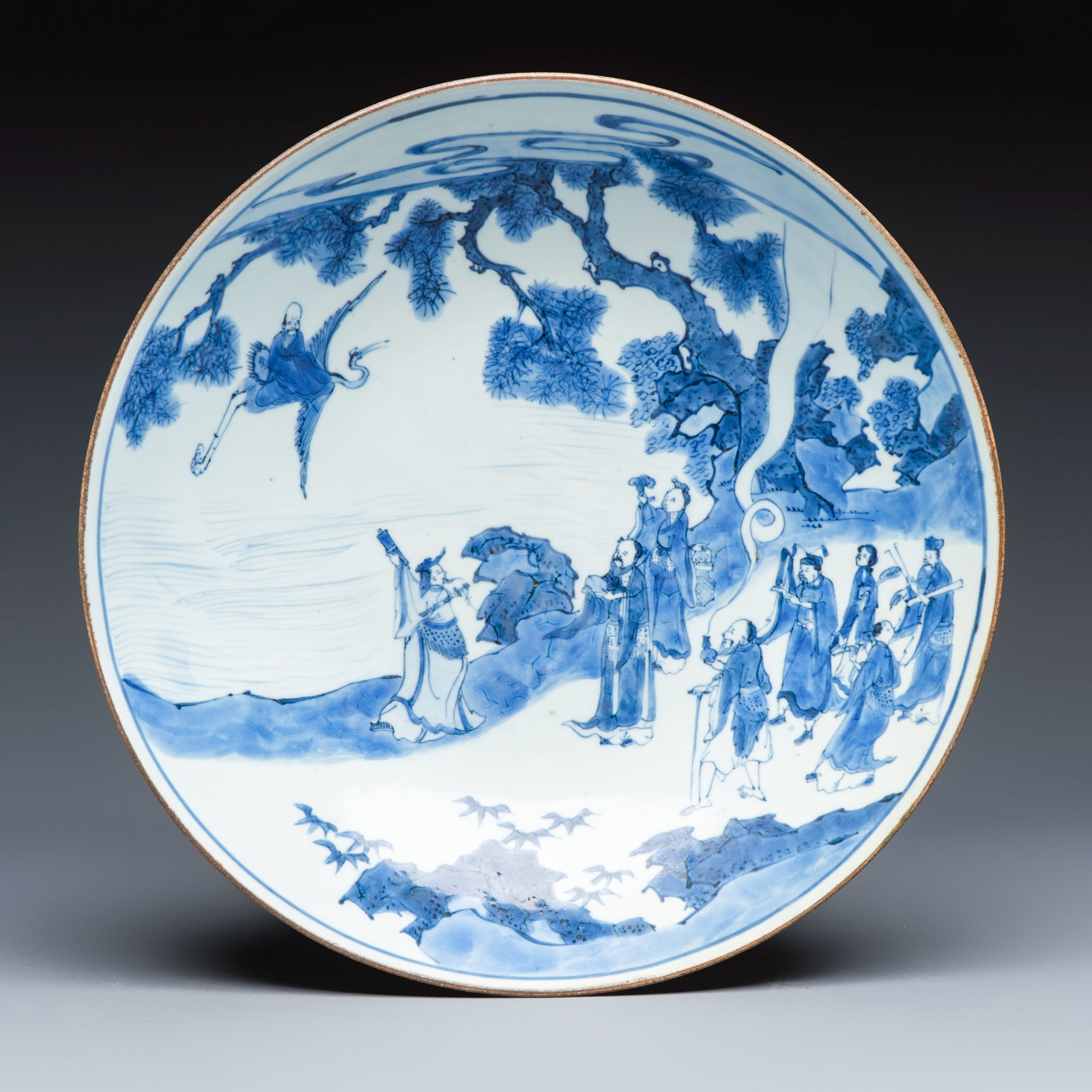 A Chinese blue and white 'Ba Xian Zhu Shou' dish, Yu Tang Jia Qi mark, Shunzhi (1 of 2)