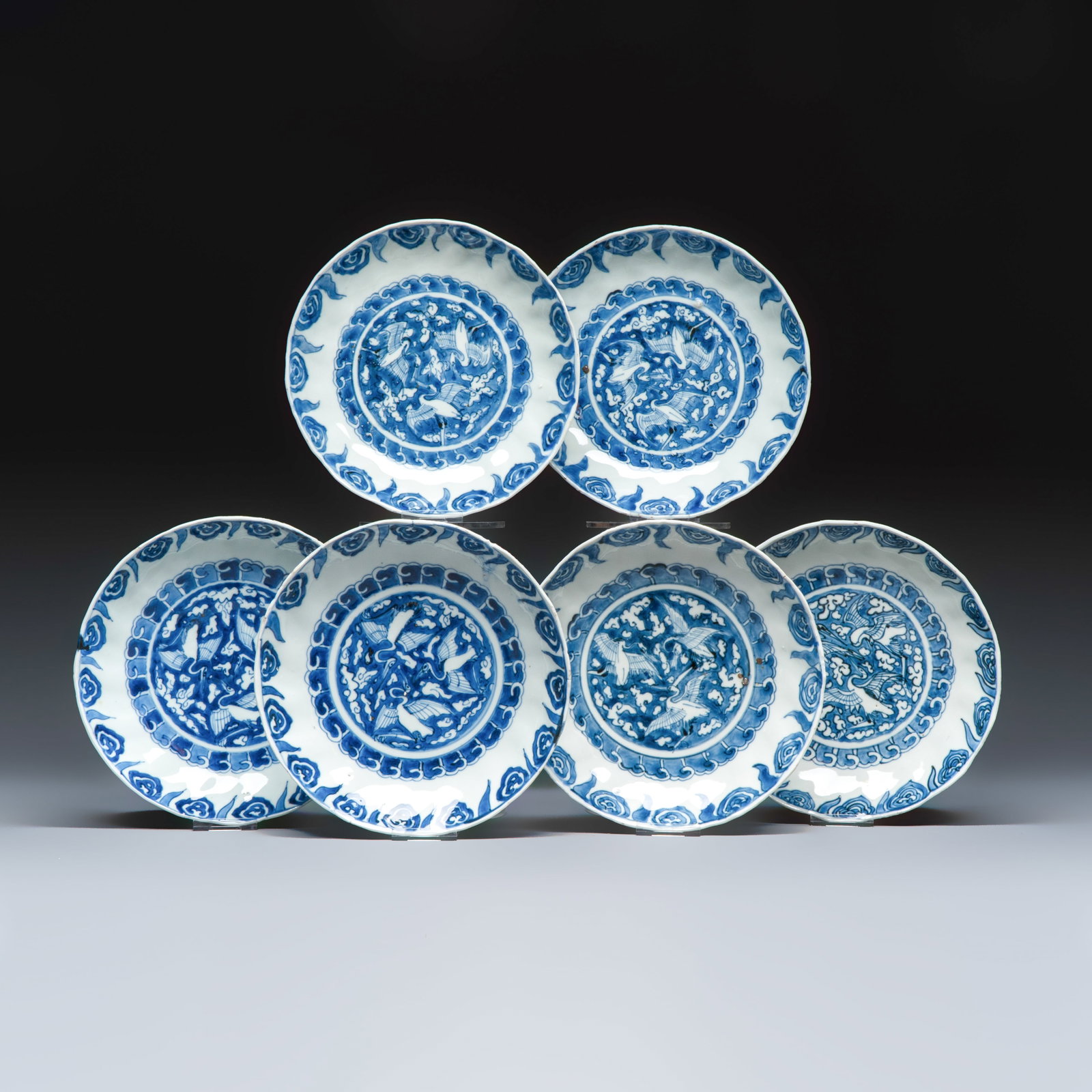 Six Chinese blue and white Ko-sometsuke 'Crane' plates for the Japanese market, Chenghua mark, late (1 of 13)