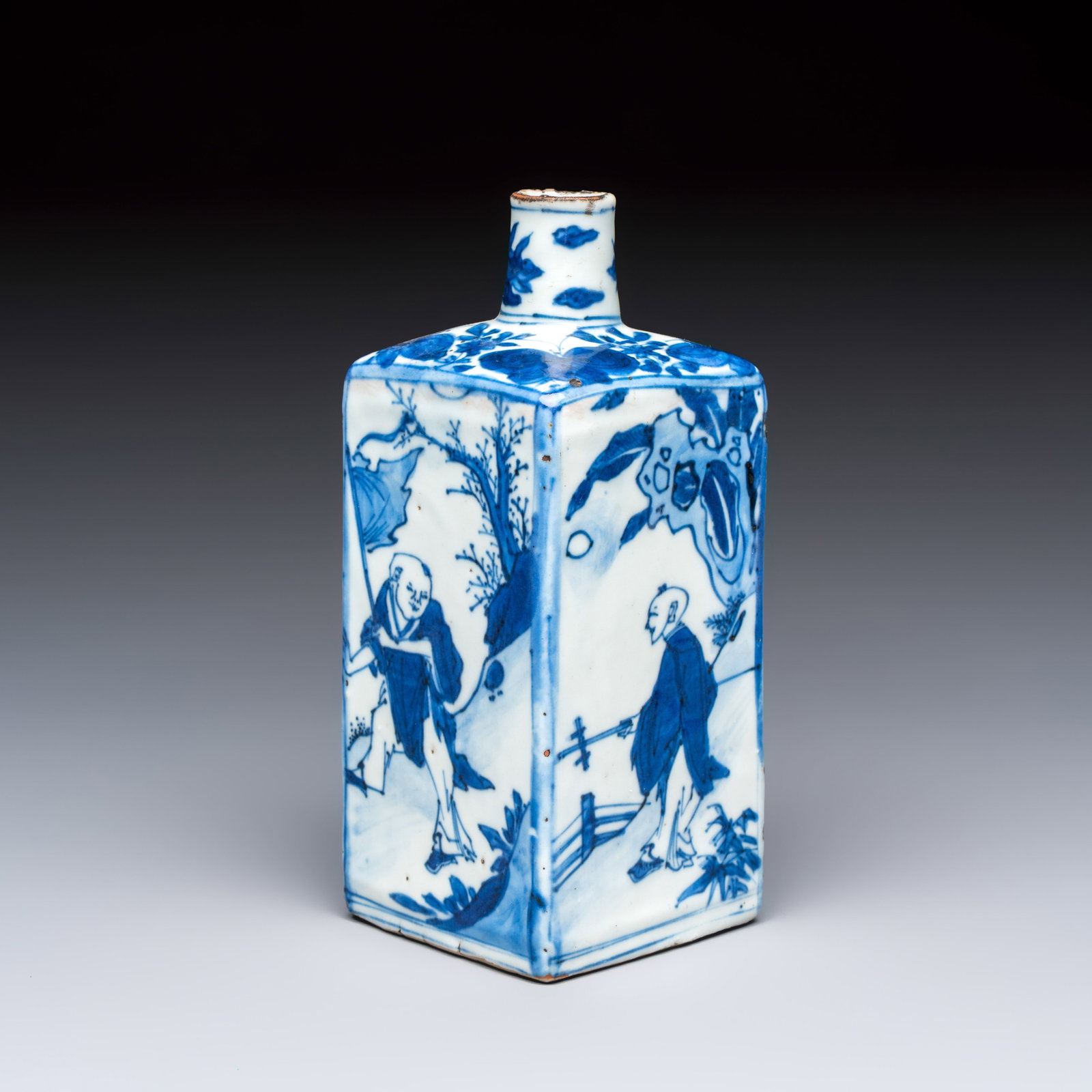 A Chinese blue and white 'Playing Boys' square flask, Wanli: A Chinese blue and white 'Playing Boys' square flask, Wanli H.: 15,5 cm Provenance: A French private collection. M. Tournet, expert, France, with their label to the base.