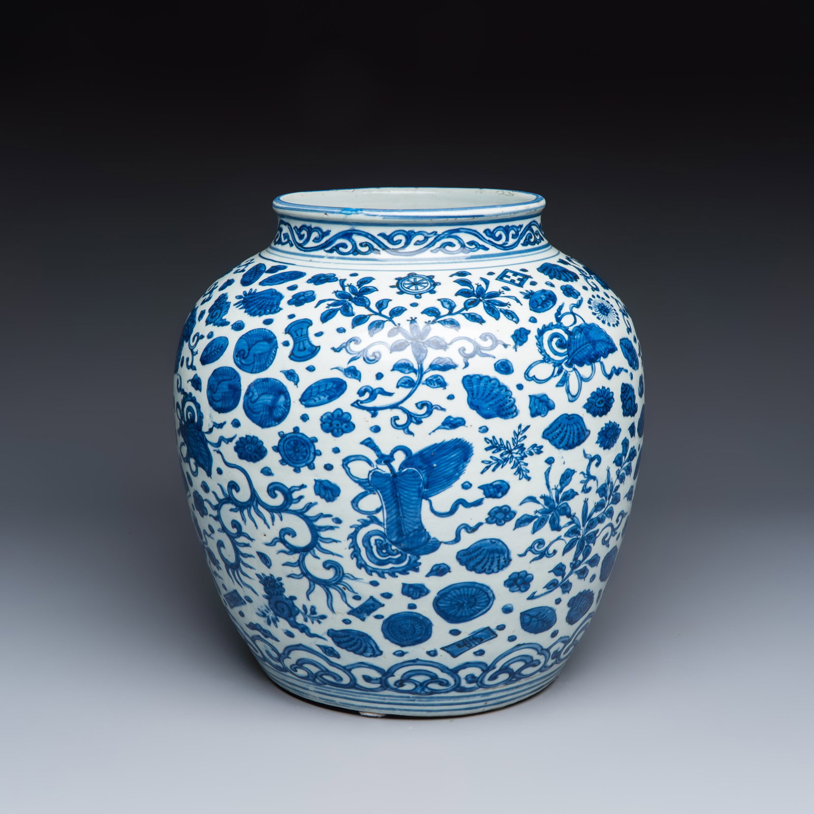 A large Chinese blue and white jar with Buddhist symbols, shells and insects, Jiajing/Wanli (1 of 7)