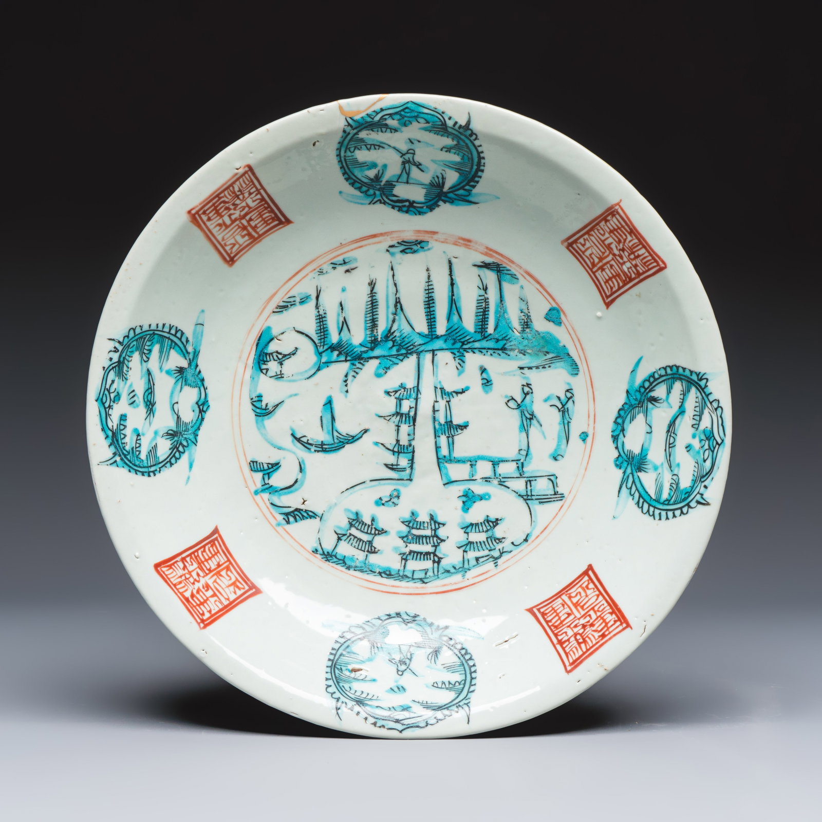 A Chinese Swatow turquoise-enamelled iron-red-decorated 'Split Pagoda' dish, Ming: A Chinese Swatow turquoise-enamelled iron-red-decorated 'Split Pagoda' dish, Ming Dia.: 37,1 cm