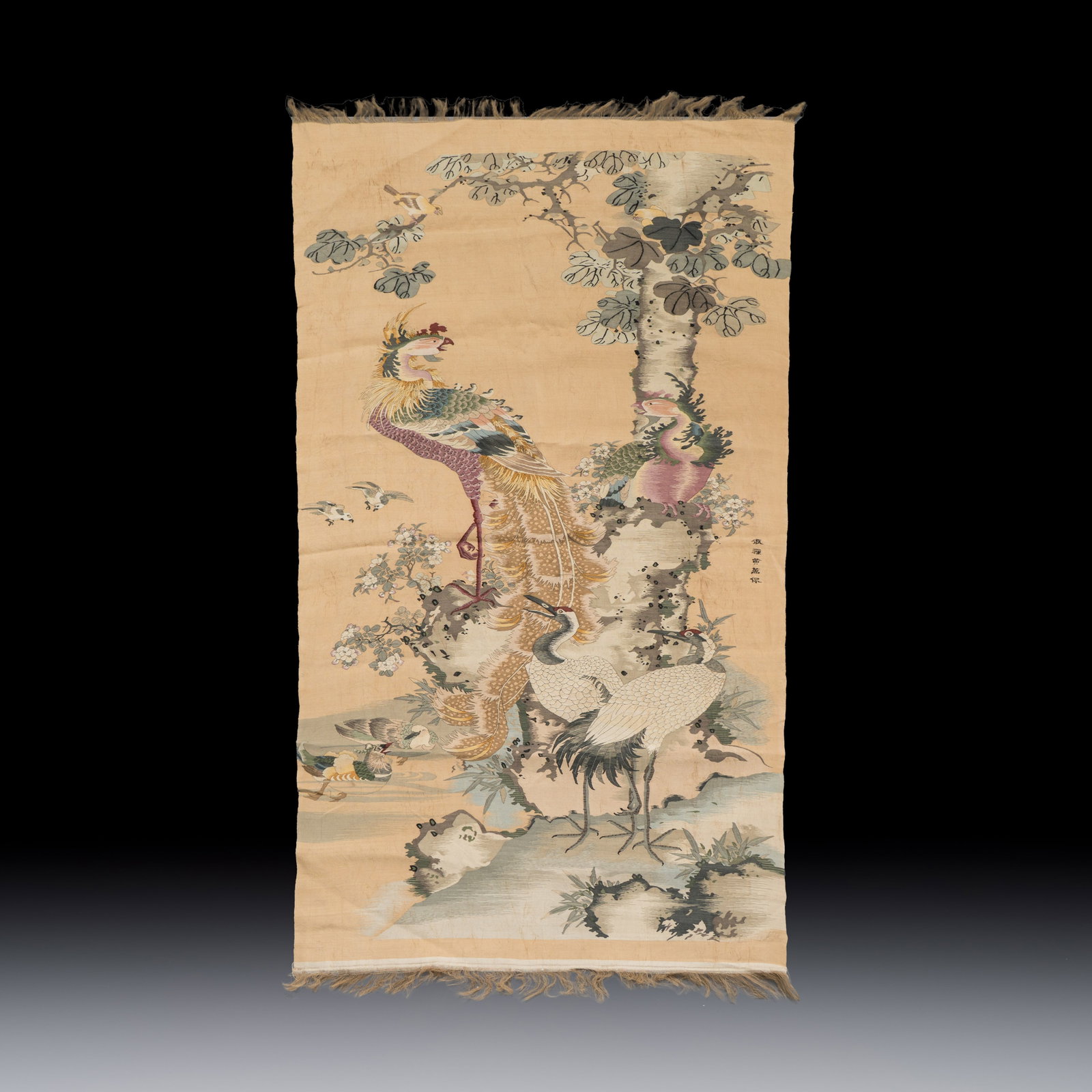 A Chinese kesi 'Phoenixes and Birds' panel, Signed Huang Wanbao, 19/20th C. (1 of 2)
