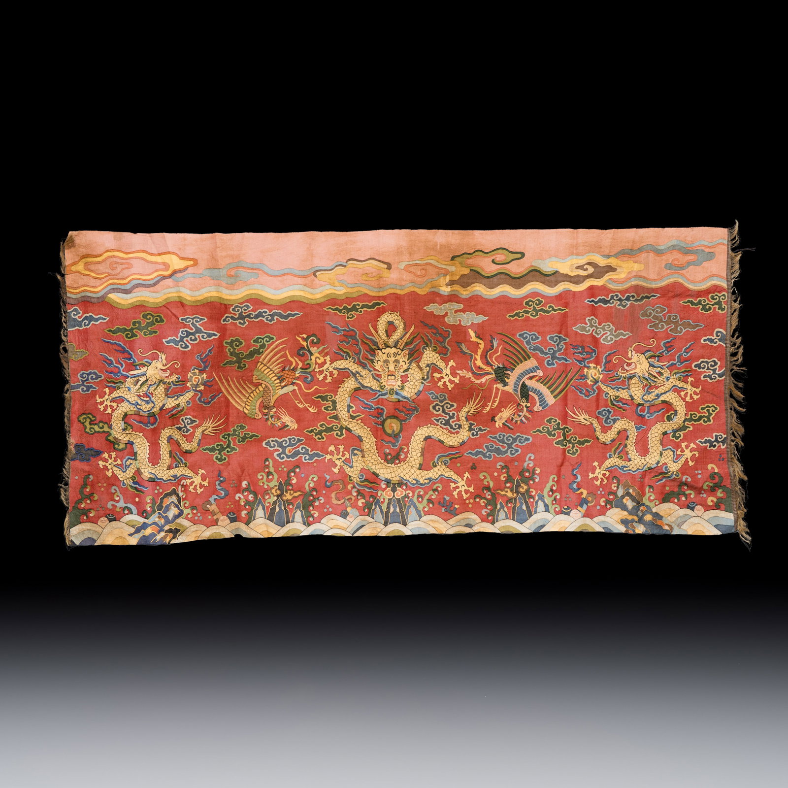 A Chinese kesi silk 'Dragons and Phoenixes' panel, 19/20th C. (1 of 2)