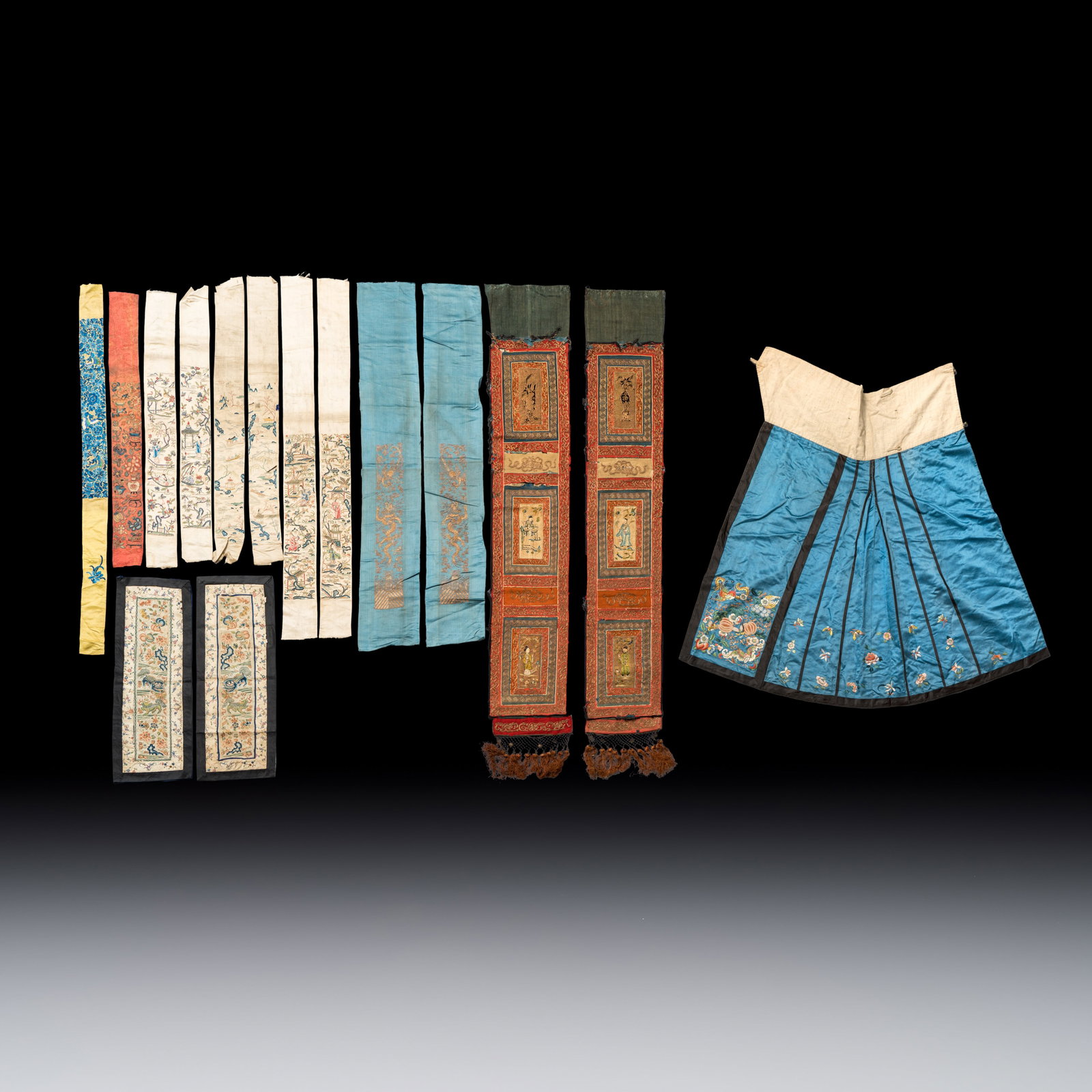 A large group of 15 Chinese silk embroideries, late Qing (1 of 5)