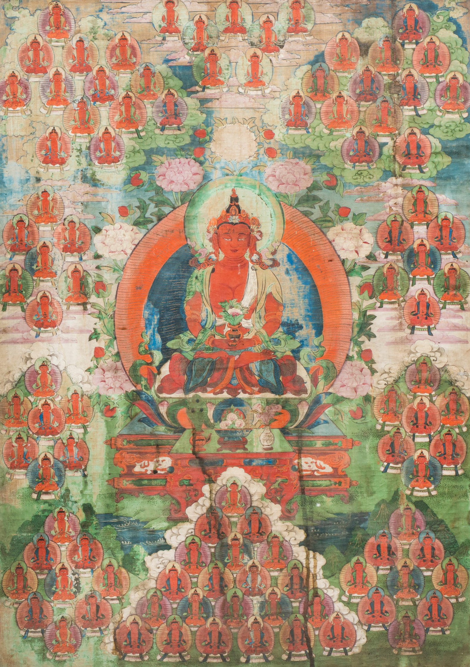 A Tibetan thangka of Amitayus surrounded by one hundred Buddhas, 19th C.: A Tibetan thangka of Amitayus surrounded by one hundred Buddhas, 19th C. Dim: 76 x 55,8 cm | the frame Dim: 68,5 x 48,3 cm | the work