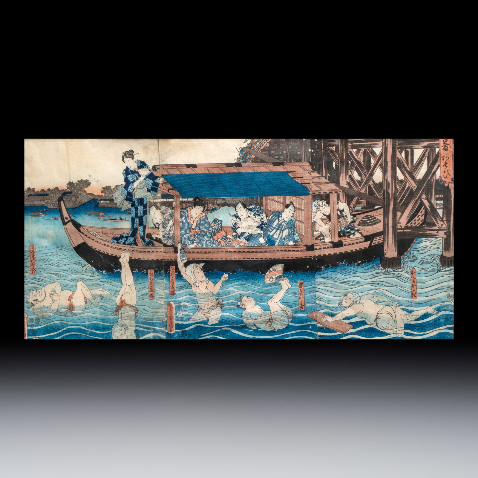 Utagawa Kunisada (1786-1865): 'A Pleasure Outing at the Height of Summer', woodblock print, Japan,: Utagawa Kunisada (1786-1865): 'A Pleasure Outing at the Height of Summer', woodblock print, Japan, Edo, 19th C. L.: 85 cm - H.: 50 cm | the frame L.: 67,5 cm - H.: 31,5 cm | the work Ref.: Christie's 
