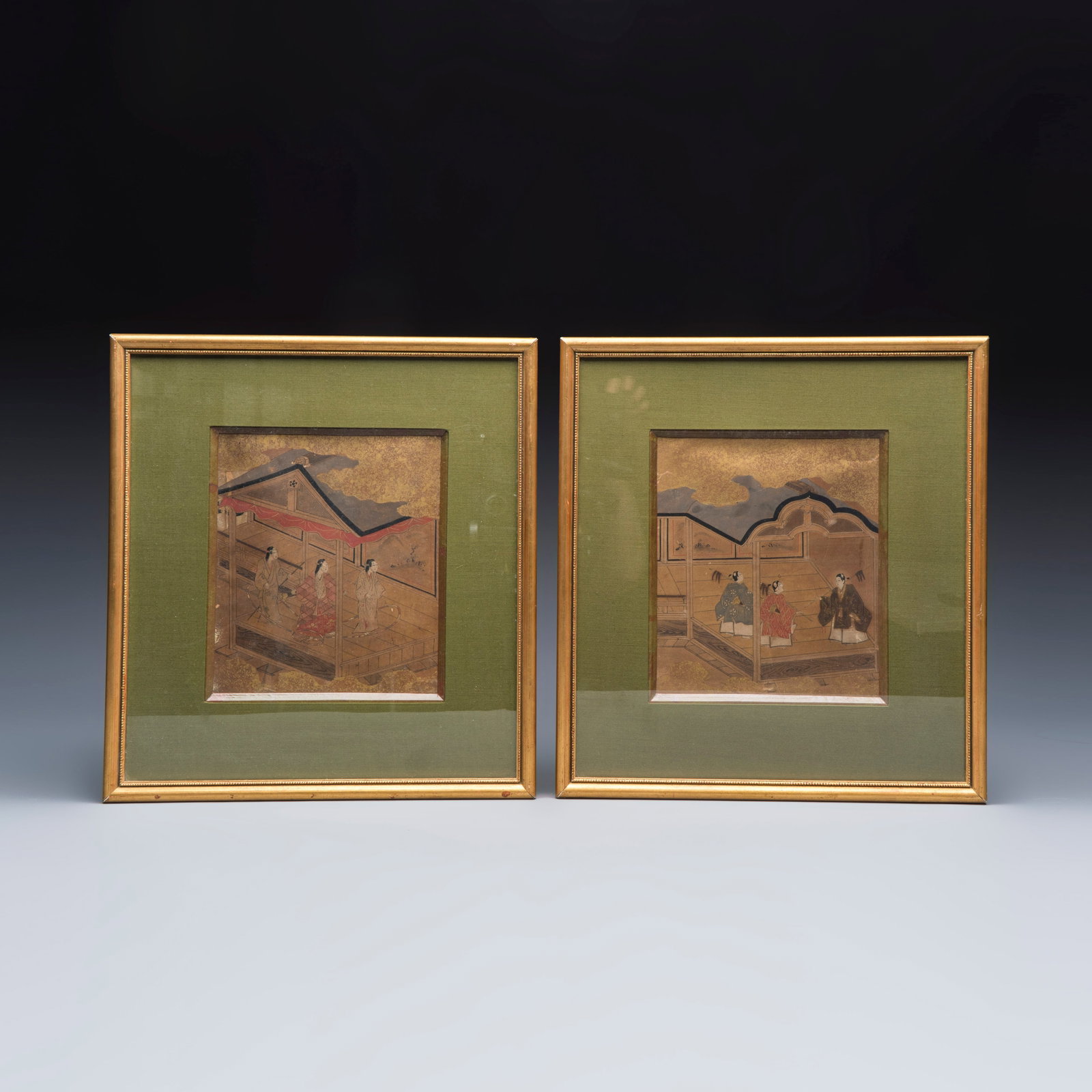 Tosa school: A pair of courtly figural scenes, gold, ink and colour on paper, Edo, 18/19th C.: Tosa school: A pair of courtly figural scenes, gold, ink and colour on paper, Edo, 18/19th C. L.: 32,8 cm - H.: 35,4 cm | the frame L.: 17,5 cm - H.: 20,5 cm | the work