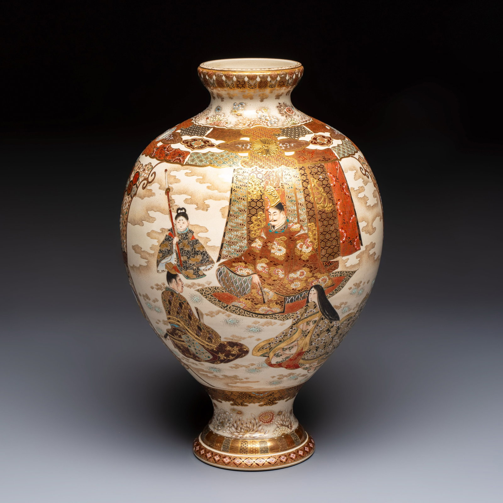 A Japanese Satsuma baluster vase with narrative design, Nippon Kyoto Kinkozan mark, Meiji, 19th C. (1 of 7)