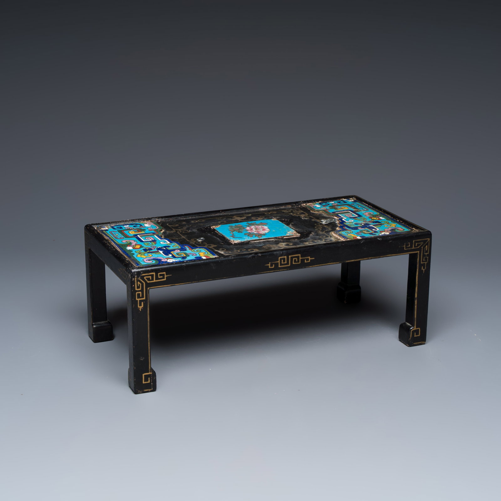 A Chinese miniature lacquer table with cloisonne plaques, 18th C. and later (1 of 7)