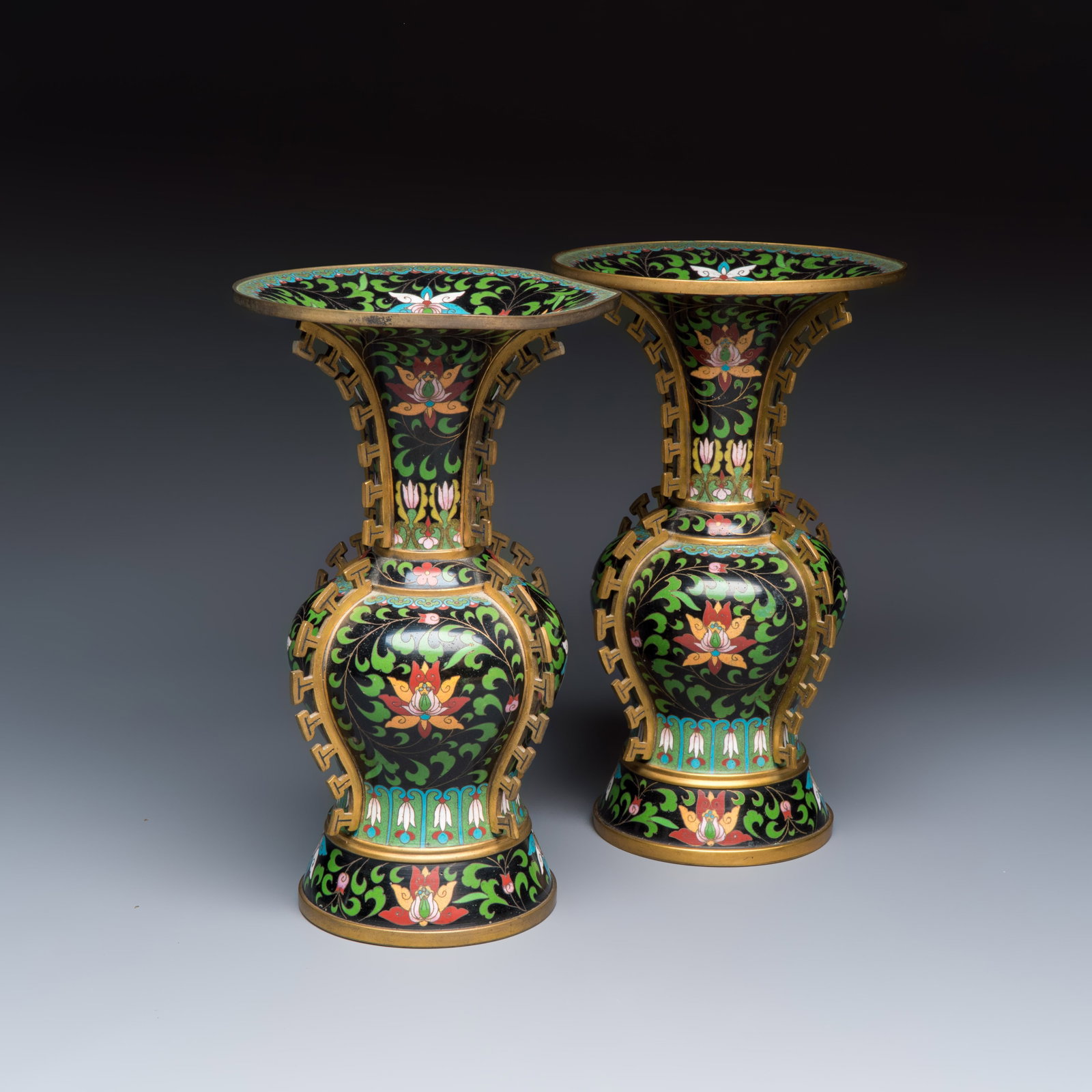 A pair of Chinese archaistic cloisonne vases with floral design, Republic (1 of 7)