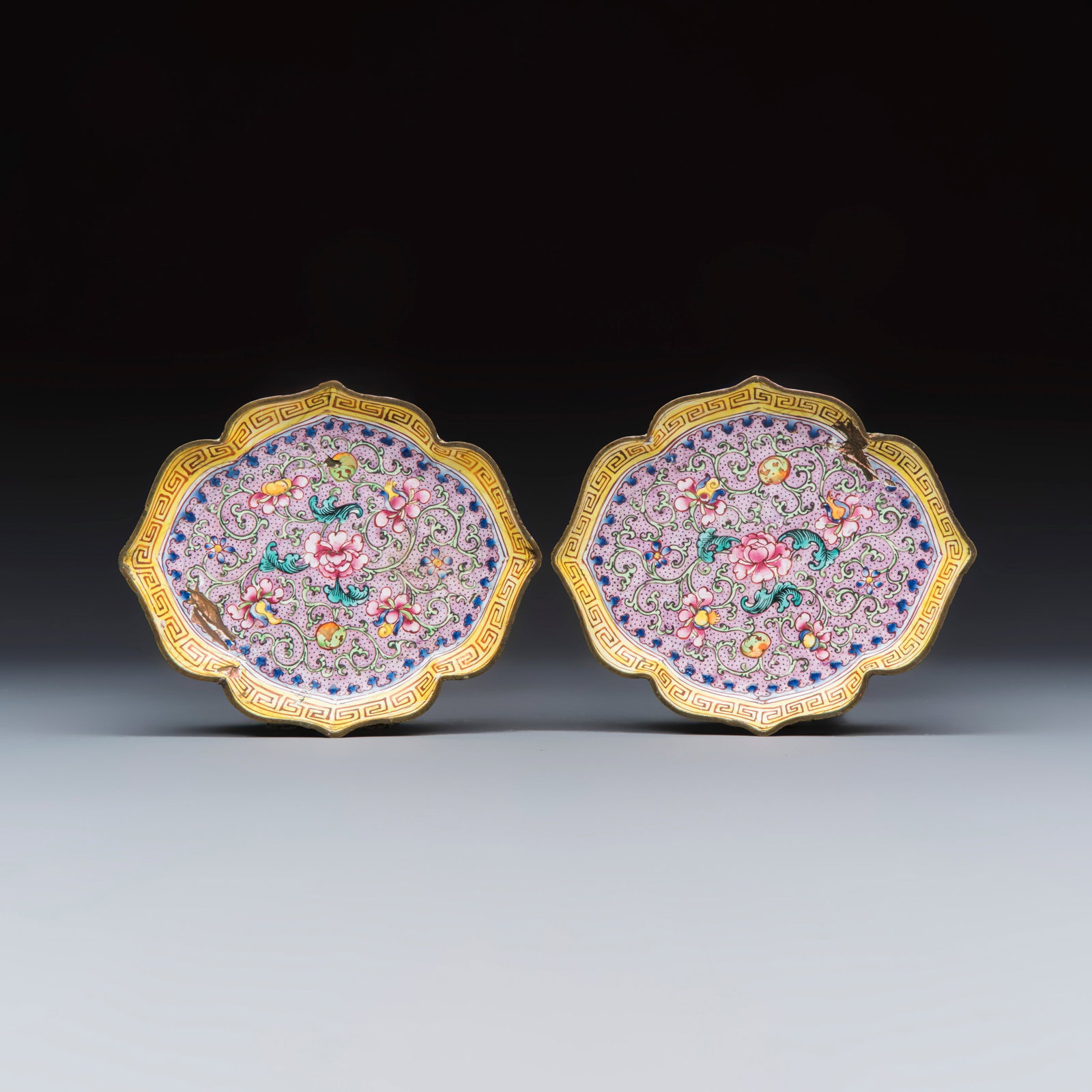A pair of Chinese Canton enamel saucer dishes with floral design, Qianlong (1 of 3)