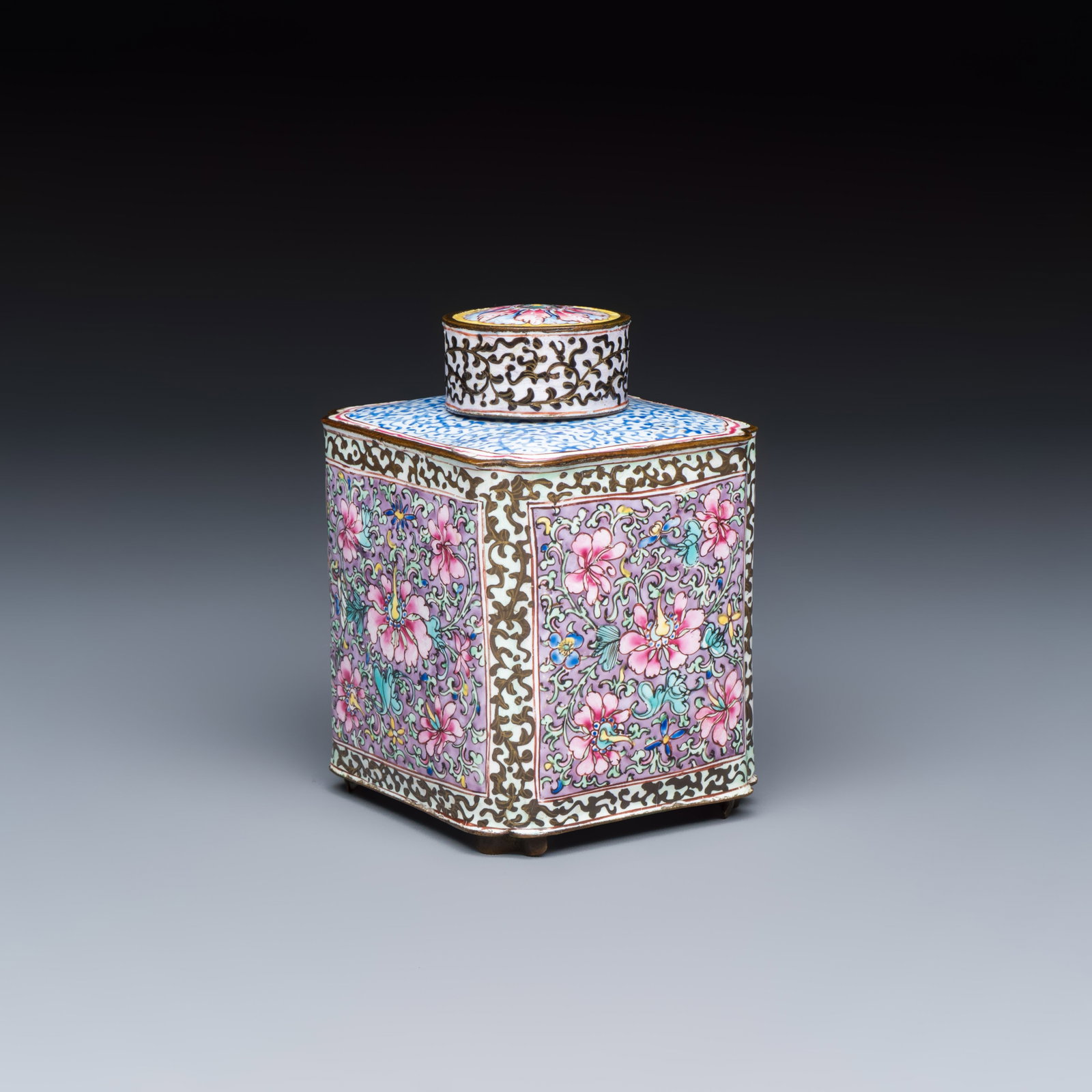 A Chinese Canton enamel square tea caddy and cover with floral scrolls, Qianlong (1 of 7)