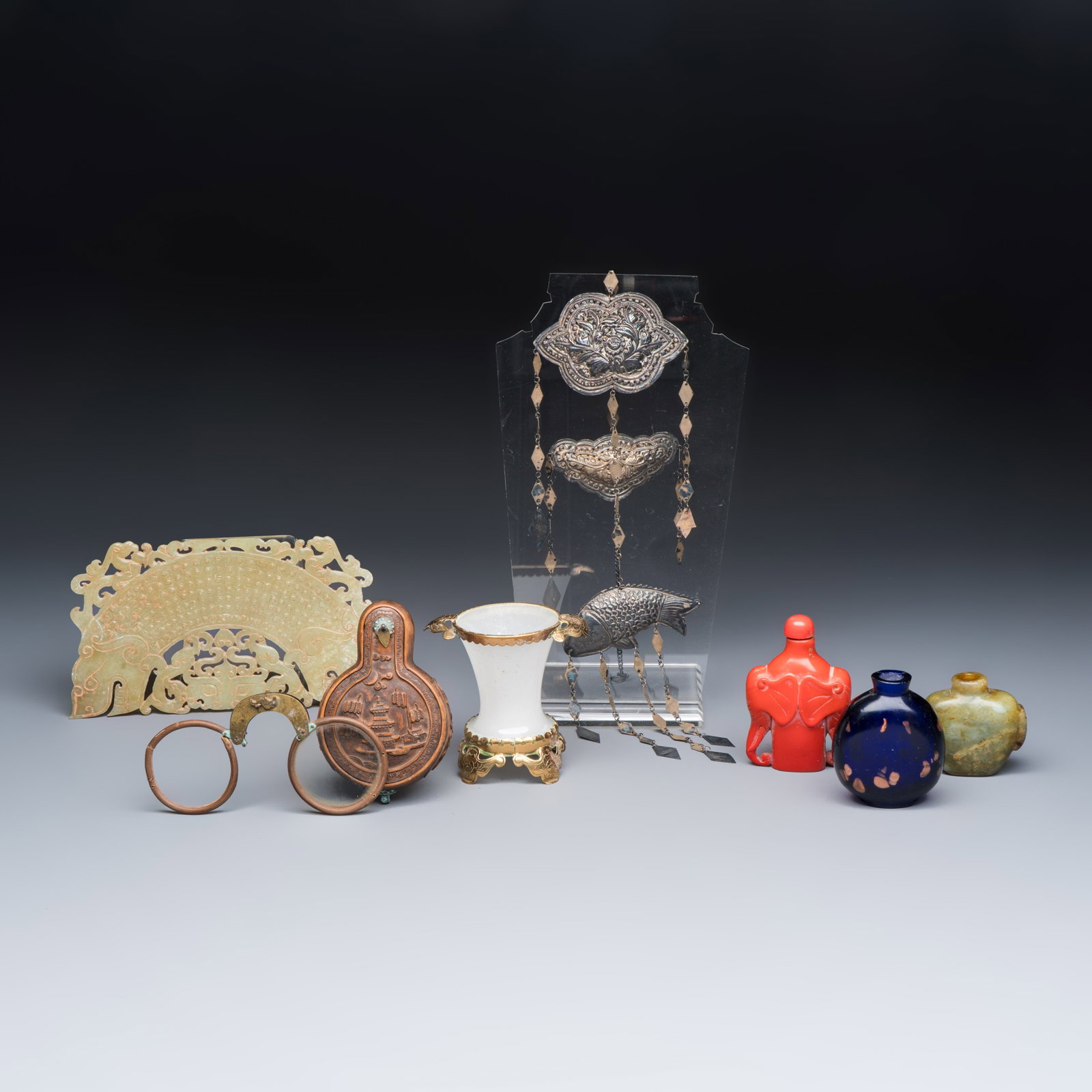 A group of seven Chinese silver, glass and jade wares, including a pair of folding spectacles, (1 of 17)