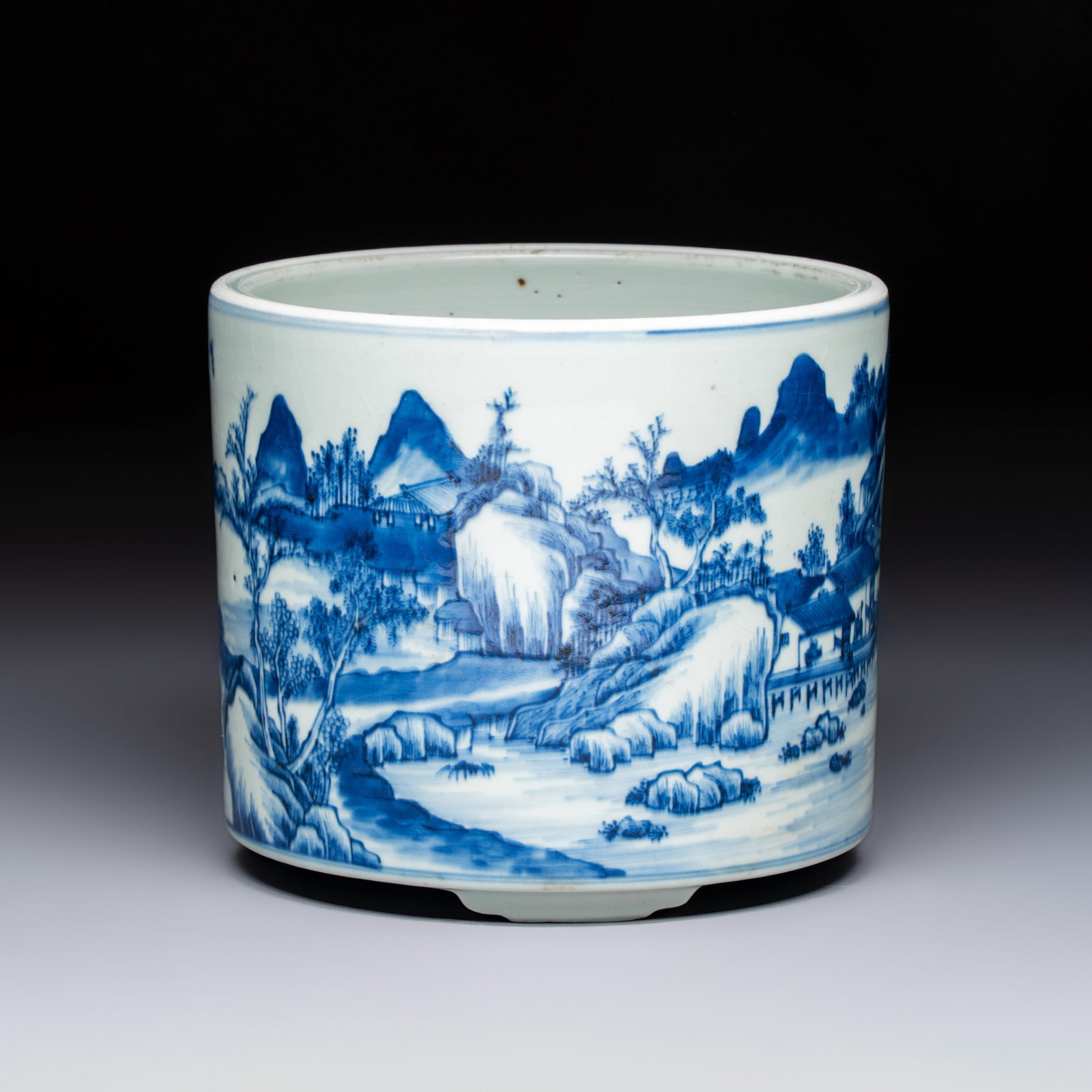 A Chinese blue and white 'Landscape' tripod censer, 20th C. (1 of 11)