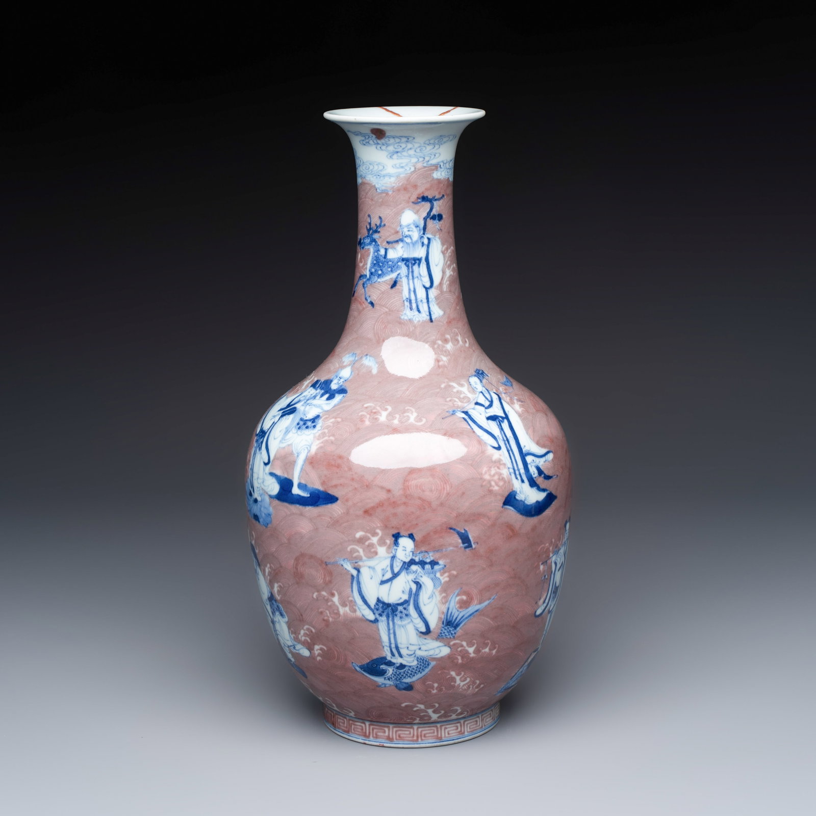 A Chinese blue and white copper-red-ground 'Eight Immortals and Shoulao' vase, Jiaqing mark and of: A Chinese blue and white copper-red-ground 'Eight Immortals and Shoulao' vase, Jiaqing mark and of the period H.: 35,4 cm
