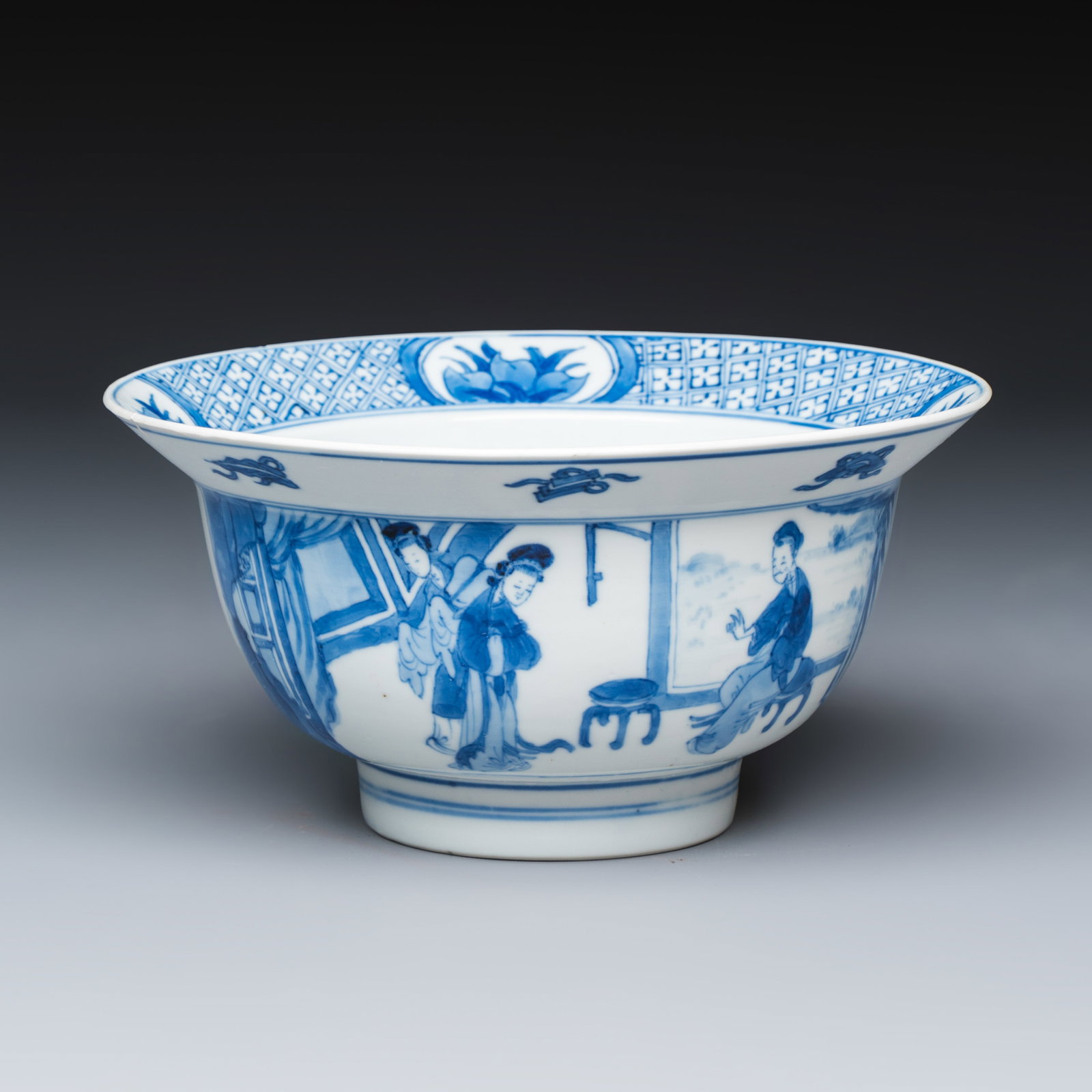 A Chinese blue and white 'Xi Xiang Ji' 'Klapmuts' bowl, Qi Yu Bao Ding Zhi Zhen mark, Kangxi: A Chinese blue and white 'Xi Xiang Ji' 'Klapmuts' bowl, Qi Yu Bao Ding Zhi Zhen mark, Kangxi Dia.: 16 cm - H.: 8 cm