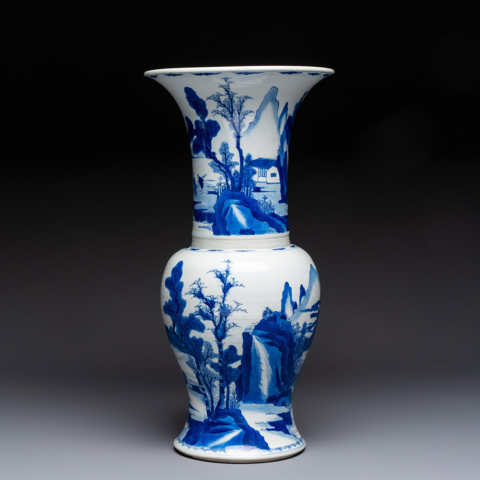 A Chinese blue and white 'Yenyen' vase with figures in a mountainous riverscape, Kangxi: A Chinese blue and white 'Yenyen' vase with figures in a mountainous riverscape, Kangxi H.: 45,5 cm