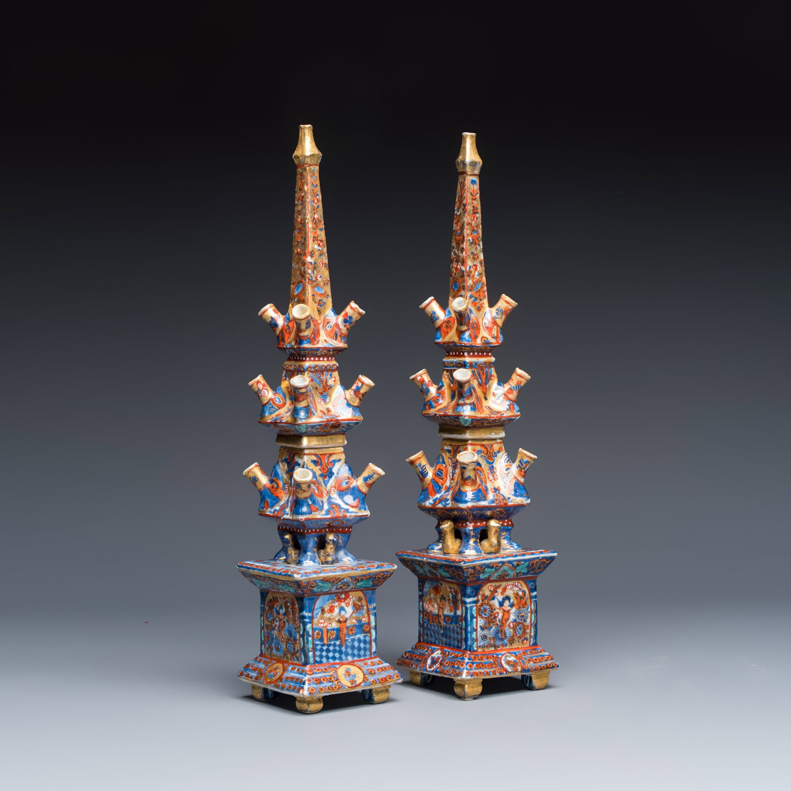 A rare pair of Dutch-decorated Chinese blue and white pyramidal tulip vases, Kangxi: A rare pair of Dutch-decorated Chinese blue and white pyramidal tulip vases, Kangxi H.: 42,3 cm Provenance: A Belgian private collection. Ref.: - Bonhams London, 15 May 2026, lot 262, for an identical