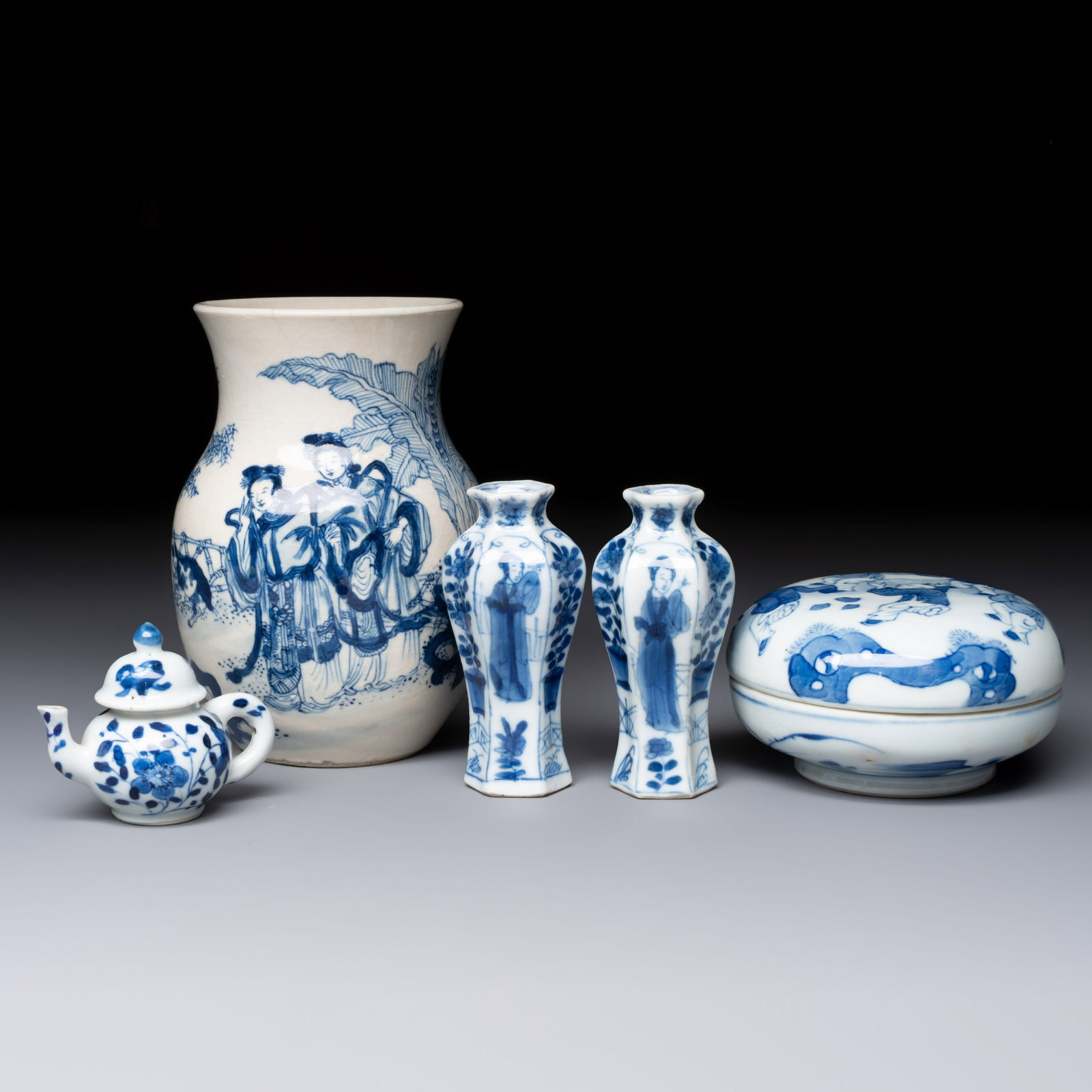 Five Chinese blue and white wares, Kangxi and artemisia leaf marks, Kangxi and later (1 of 13)