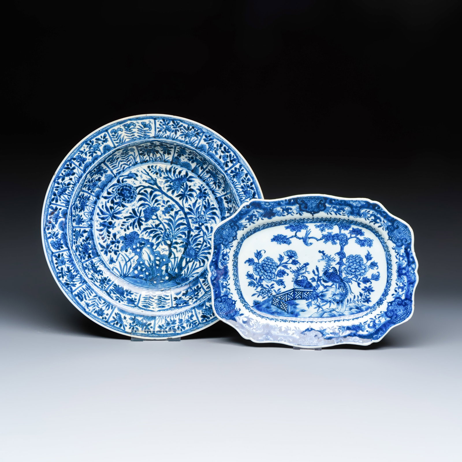 A Chinese blue and white 'Floral' dish and a 'Phoenix' serving dish, Kangxi/Qianlong (1 of 5)