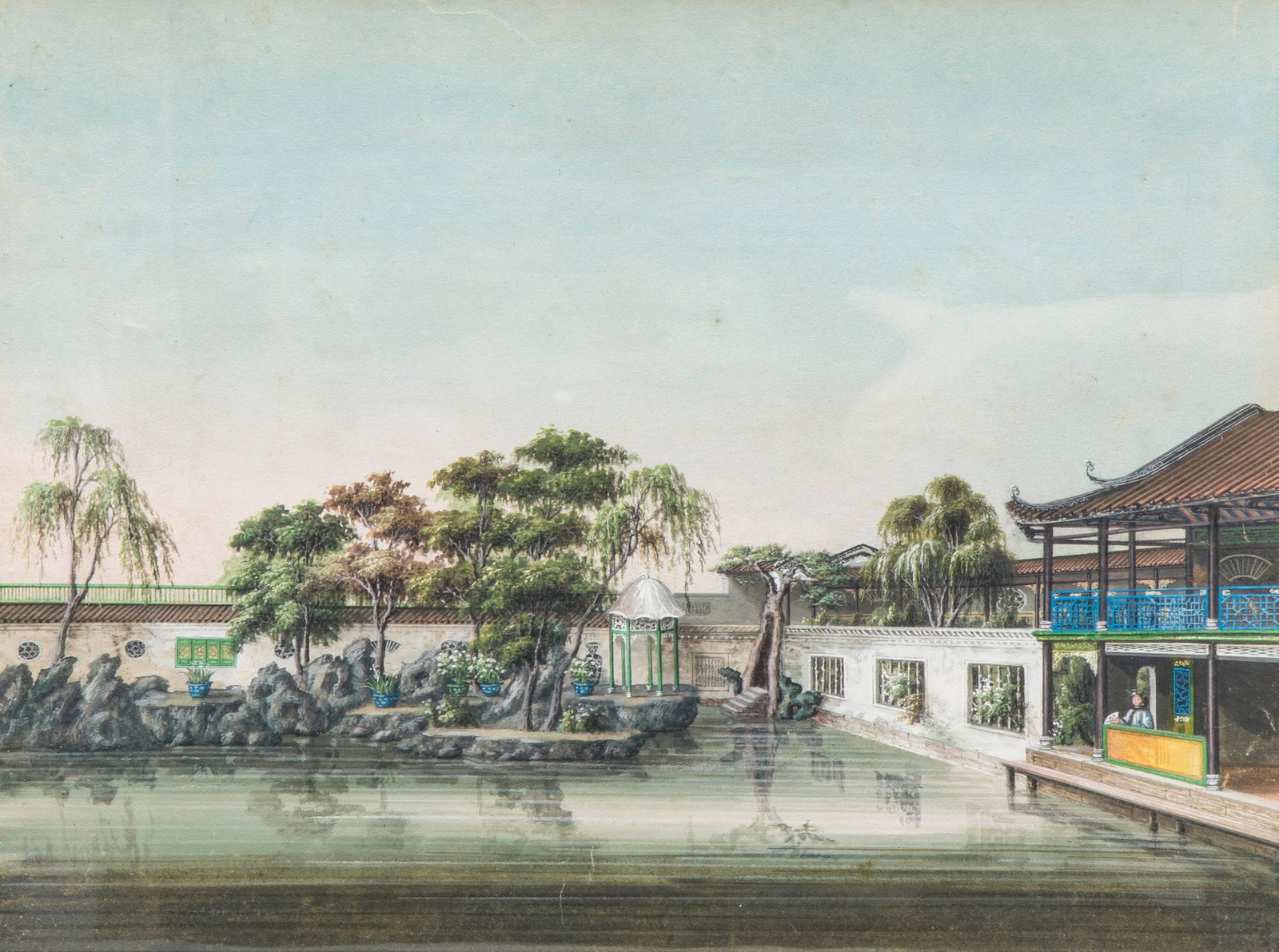 Canton school: 'Garden Scene With a Lady', ink and colour on paper, 19th C. (1 of 3)