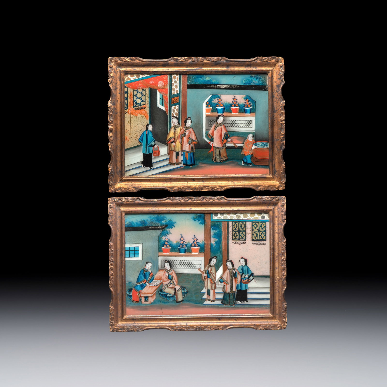 Canton school: A pair of reverse glass paintings in original frames, 18/19th C. (1 of 5)
