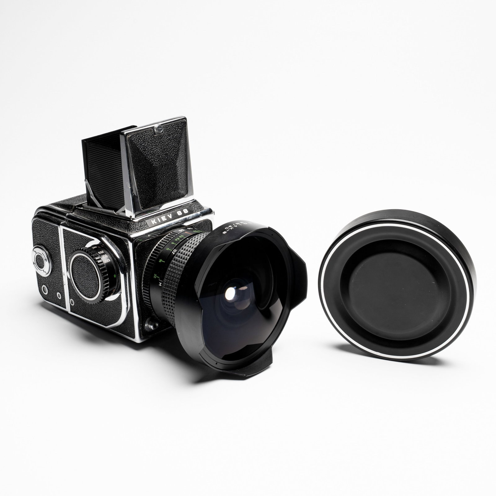 A Kiev 88 with Zodiak-B 30mm F3.5 fisheye lens, waist-level viewfinder and film back (1 of 15)